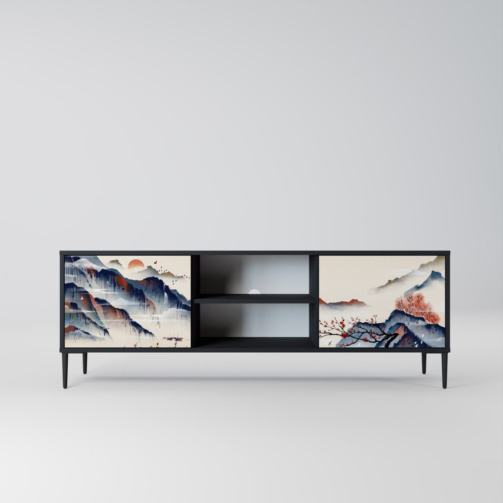 JAPANESE LANDSCAPE 2-Door TV Stand in Black Finish