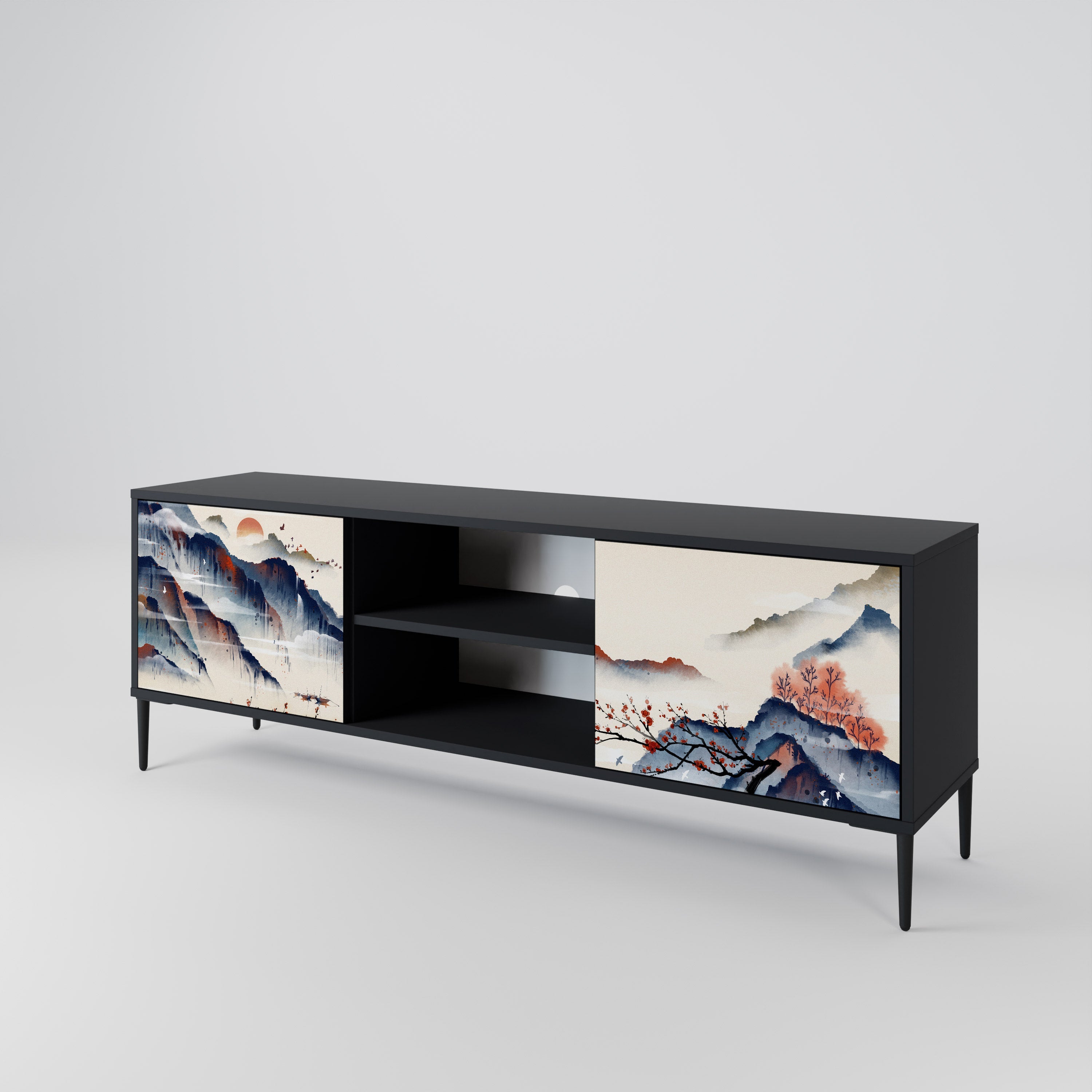 JAPANESE LANDSCAPE 2-Door TV Stand in Black Finish