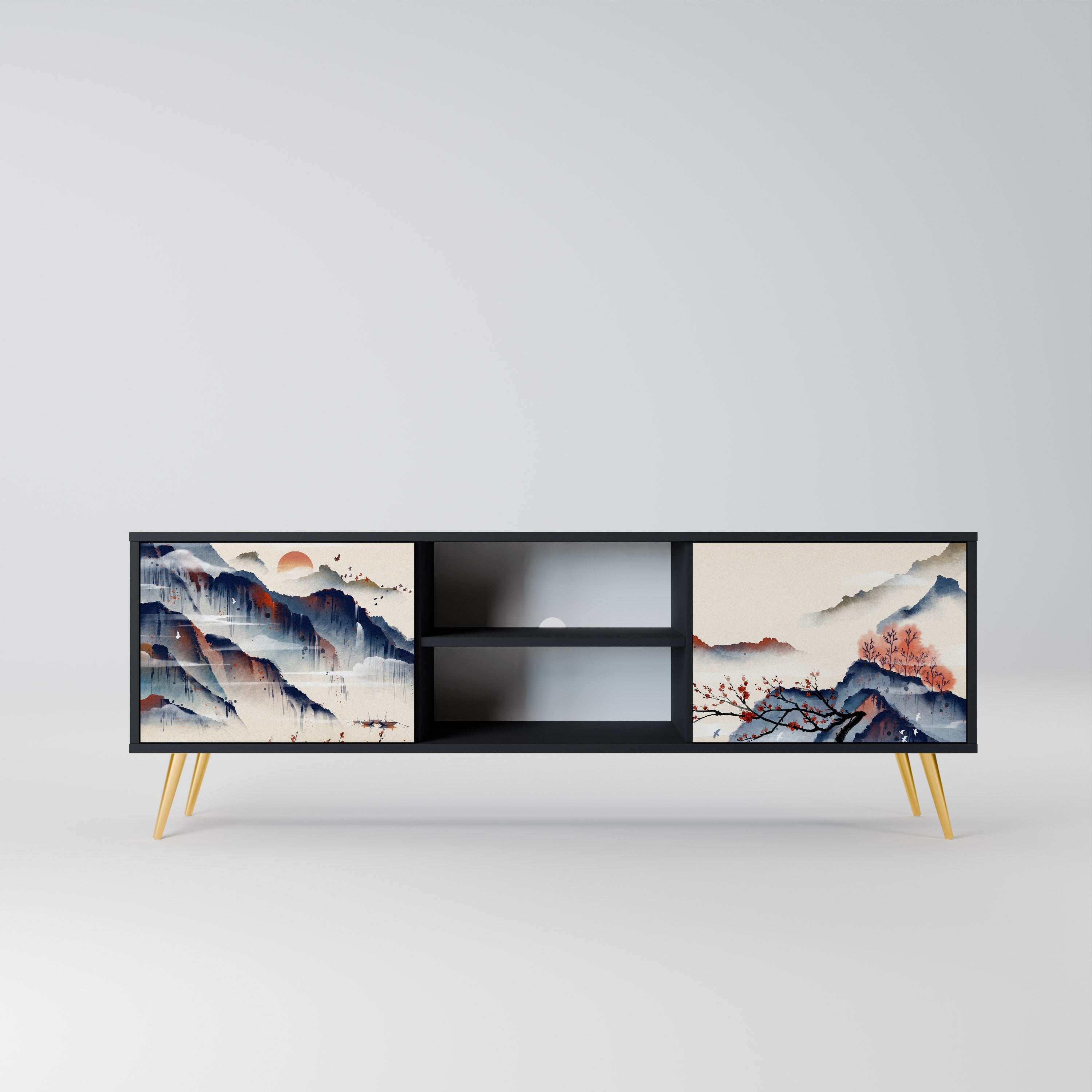 JAPANESE LANDSCAPE 2-Door TV Stand in Black Finish