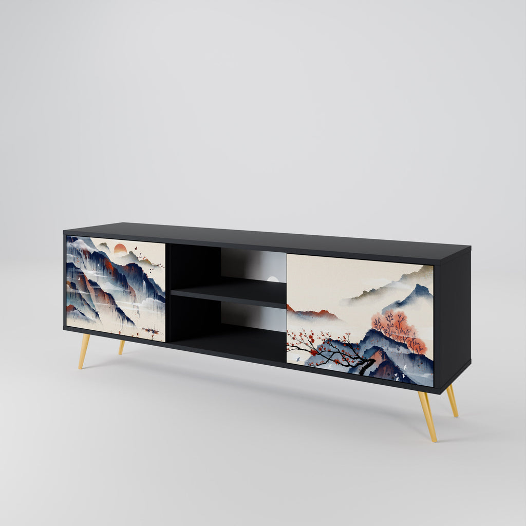 JAPANESE LANDSCAPE 2-Door TV Stand in Black Finish