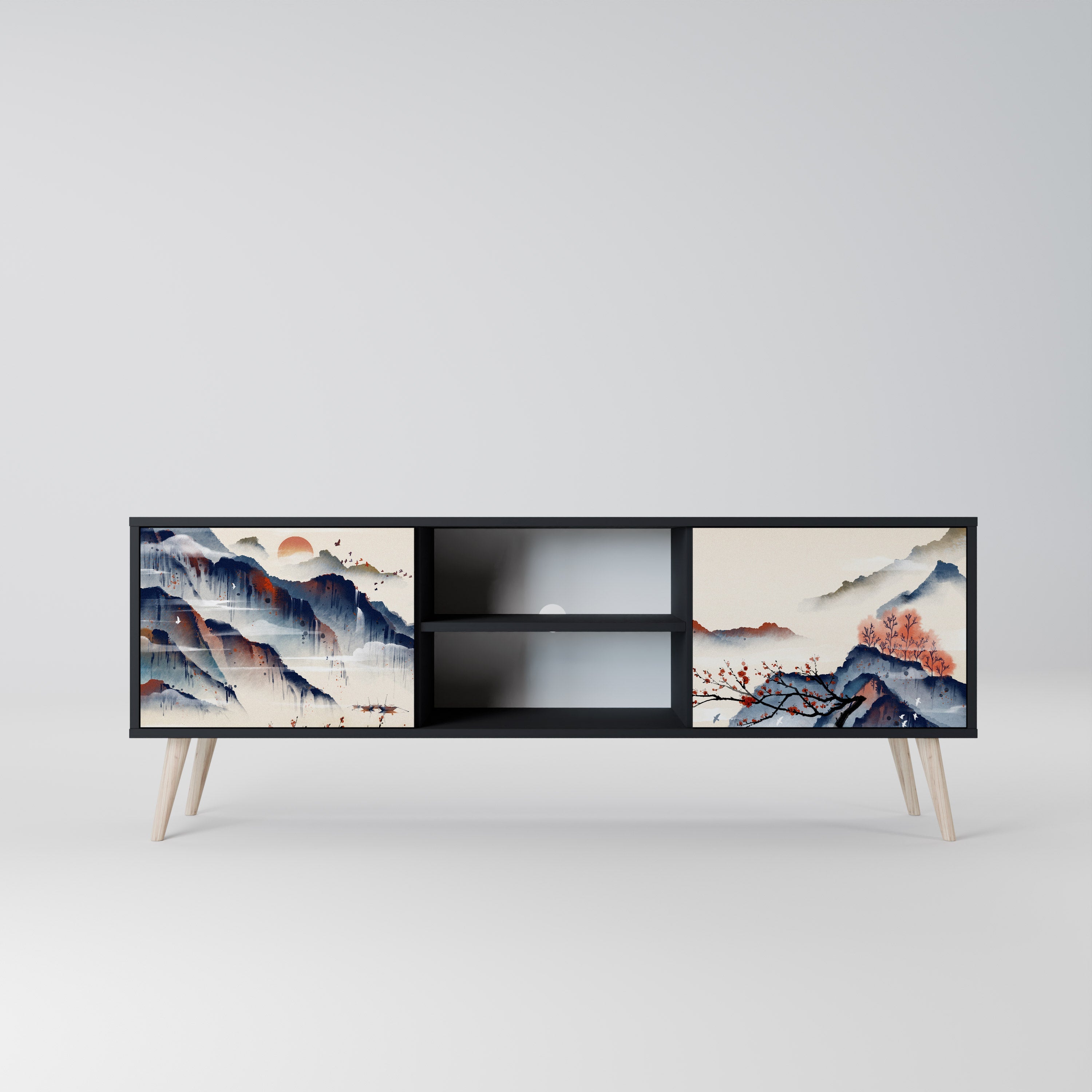 JAPANESE LANDSCAPE 2-Door TV Stand in Black Finish