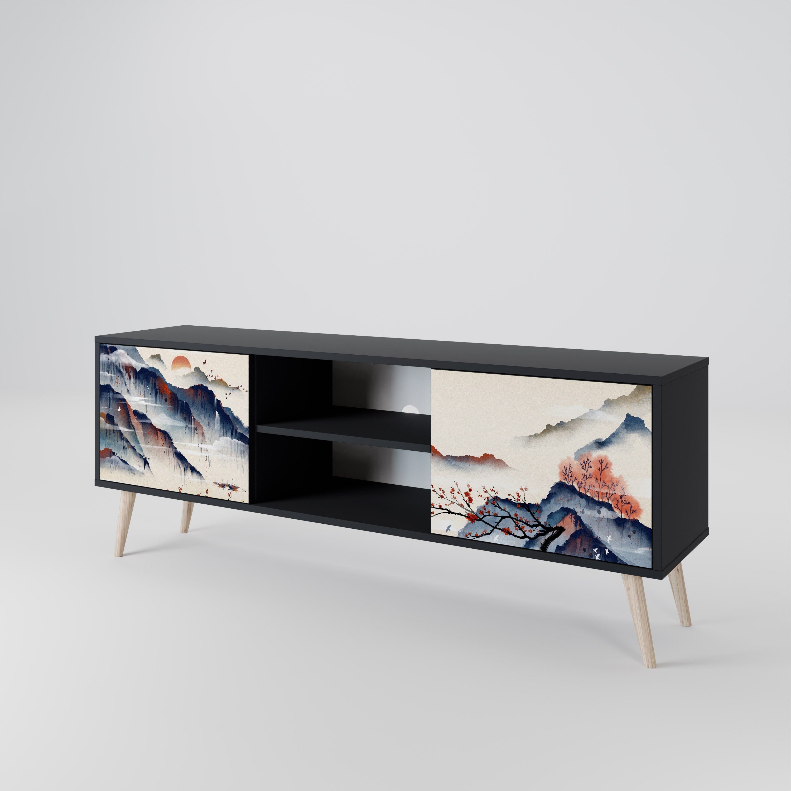 JAPANESE LANDSCAPE 2-Door TV Stand in Black Finish