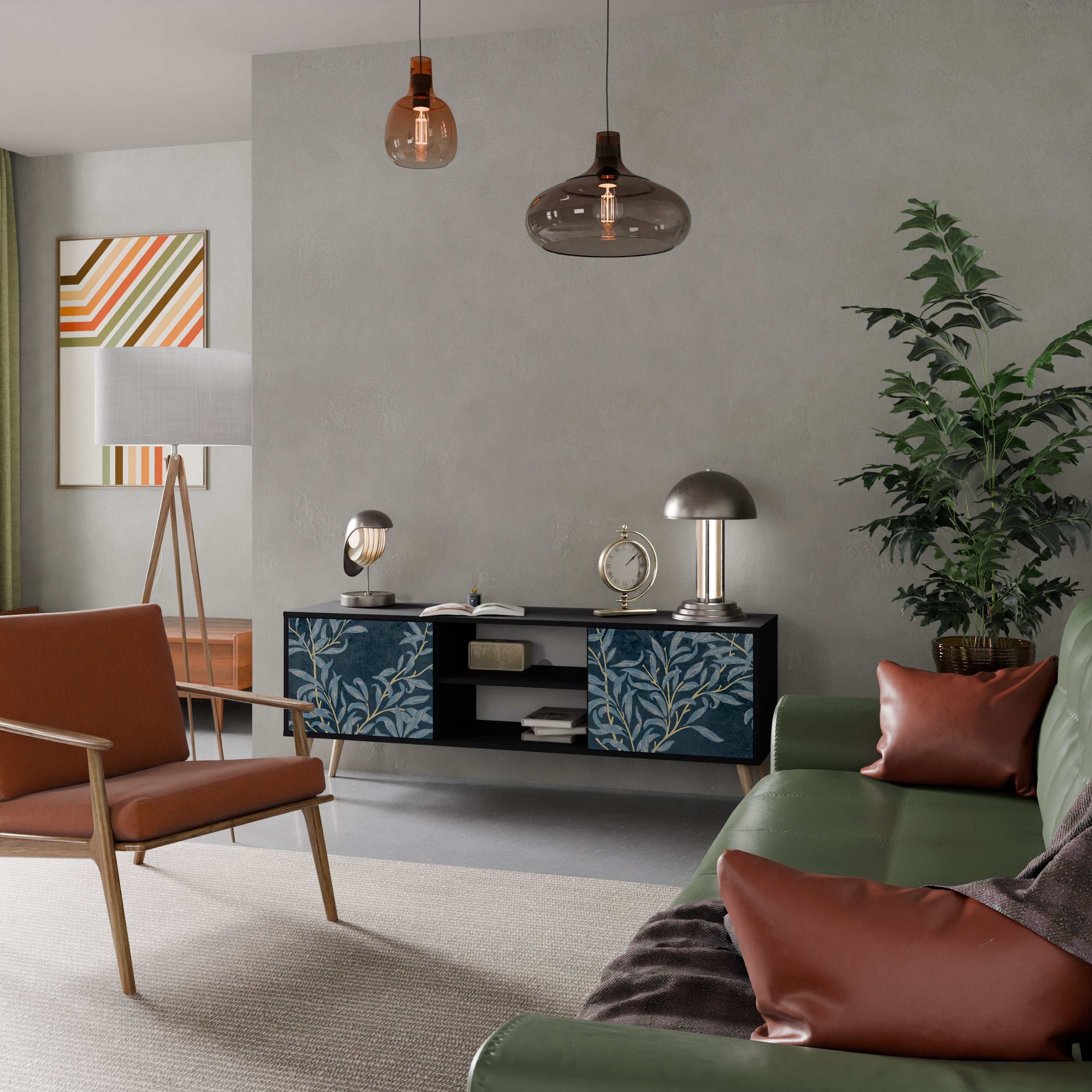 Meuble TV 2 portes BLUE LEAVES en finition noire