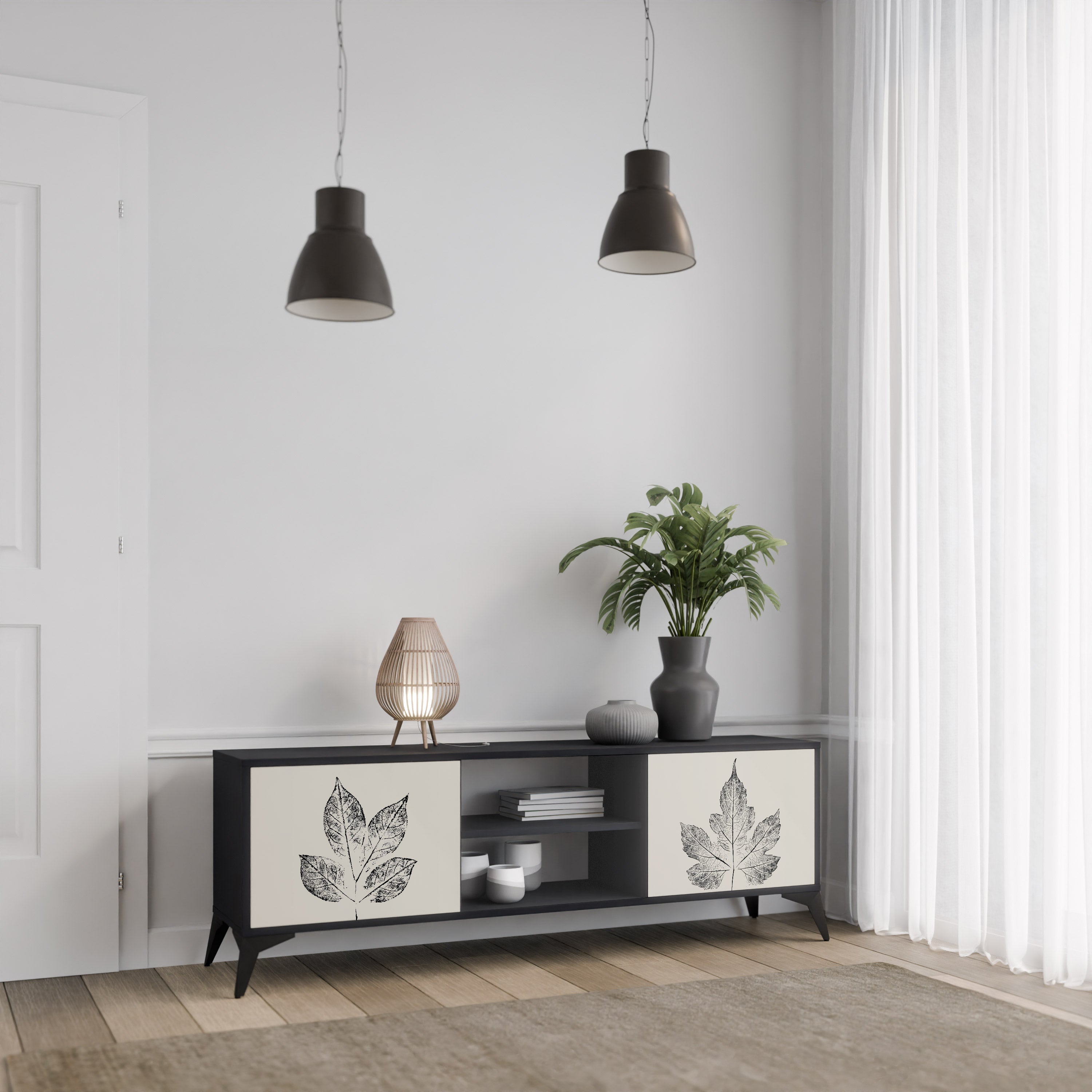 LEAFY STAMPS 2-Door TV Stand in Black Finish