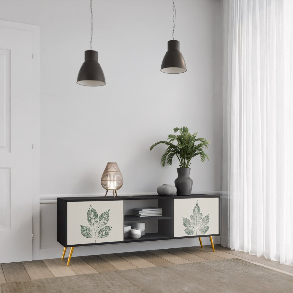 GREEN LEAFY STAMPS 2-Door TV Stand in Black Finish