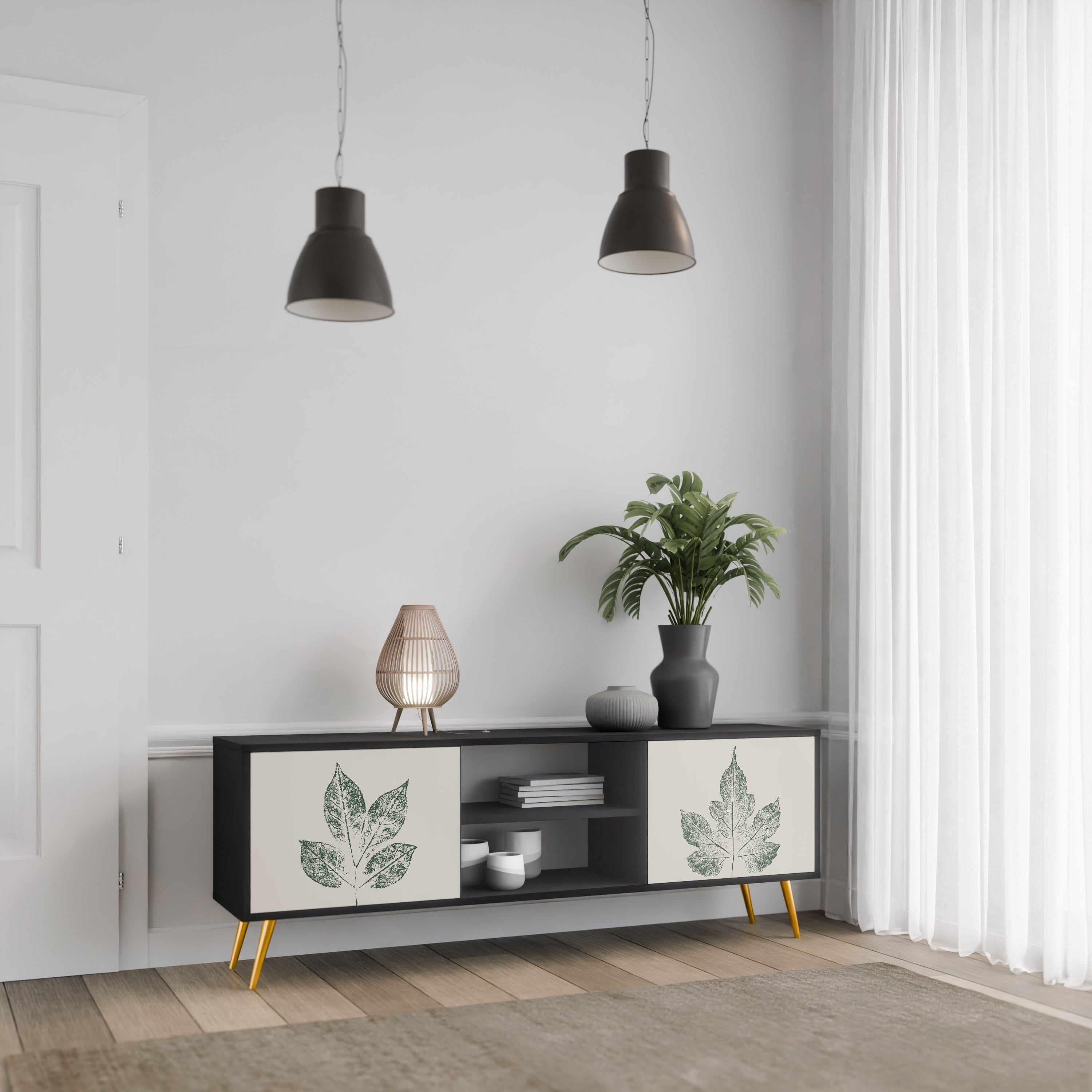 GREEN LEAFY STAMPS 2-Door TV Stand in Black Finish