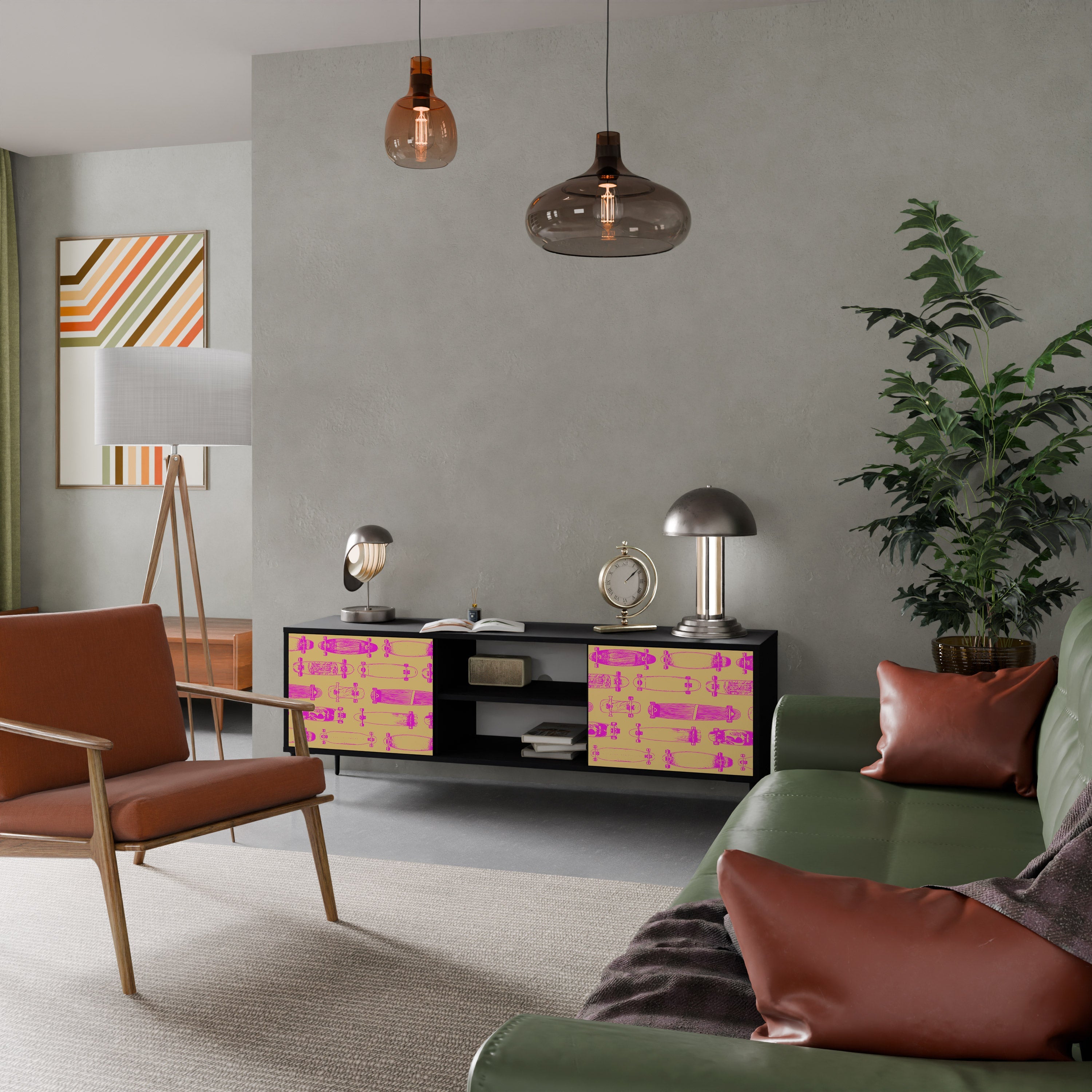 SKATEBOARD ARTISTRY 2-Door TV Stand in Black Finish