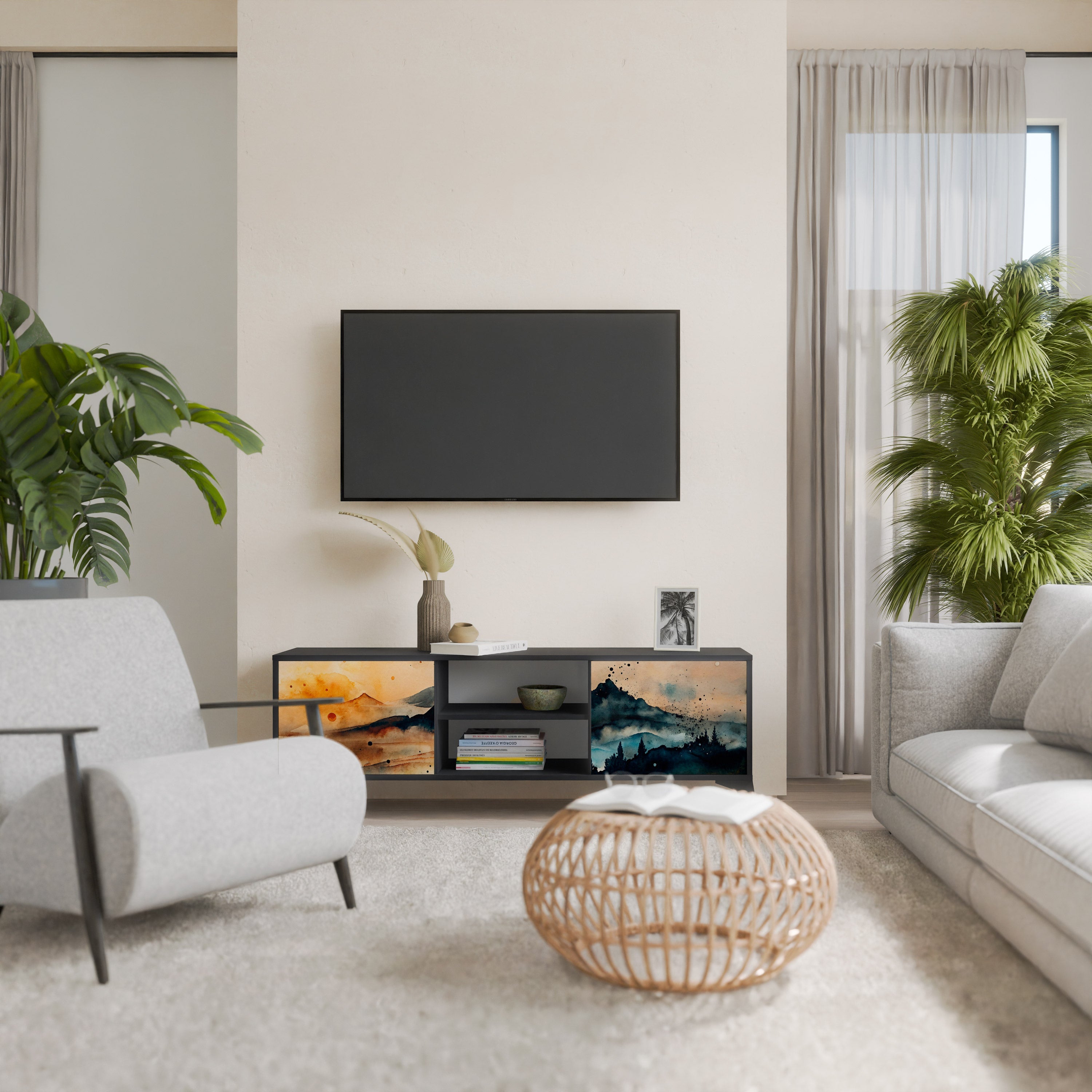 OMINOUS MOUNTAINS 2-Door TV Stand in Black Finish