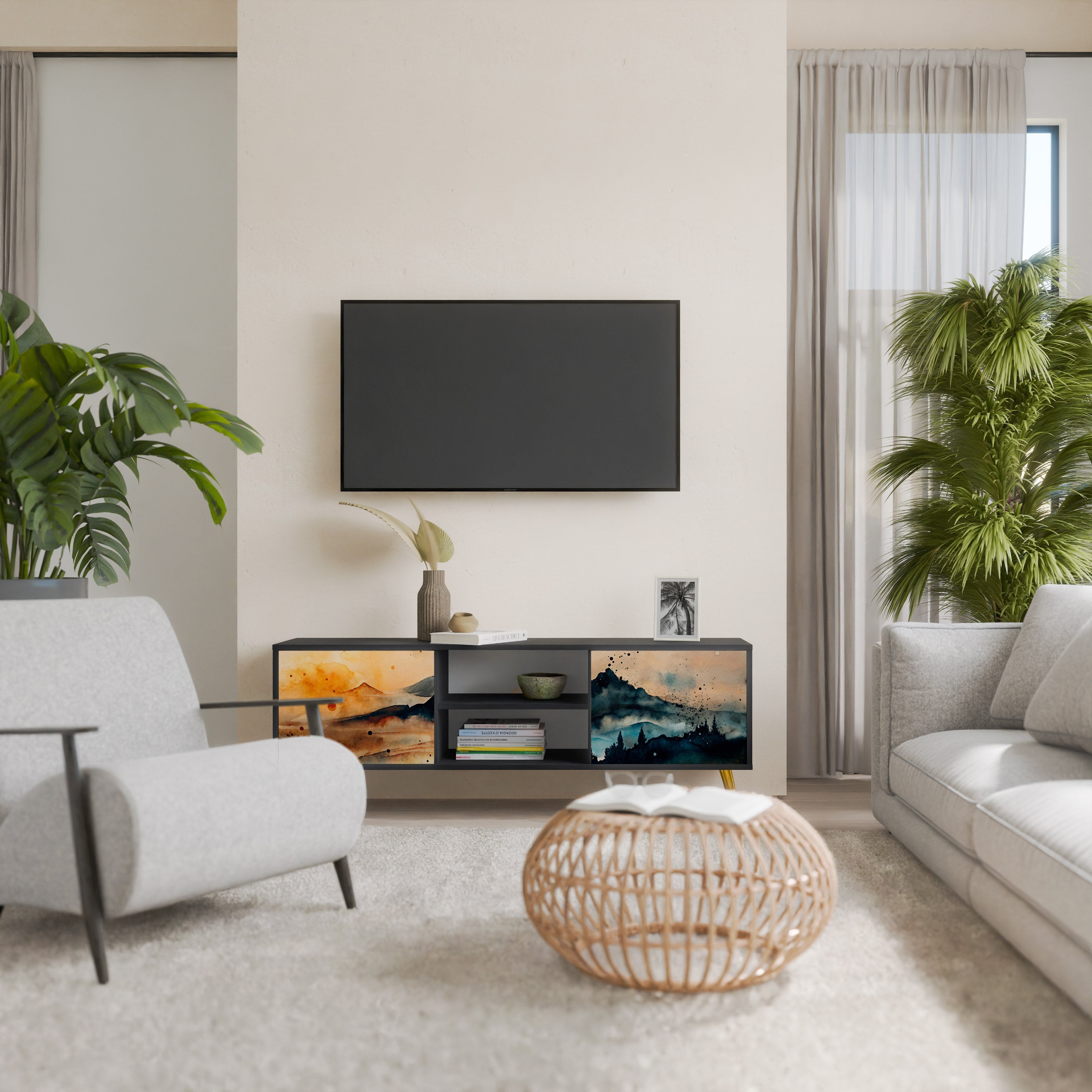 OMINOUS MOUNTAINS 2-Door TV Stand in Black Finish