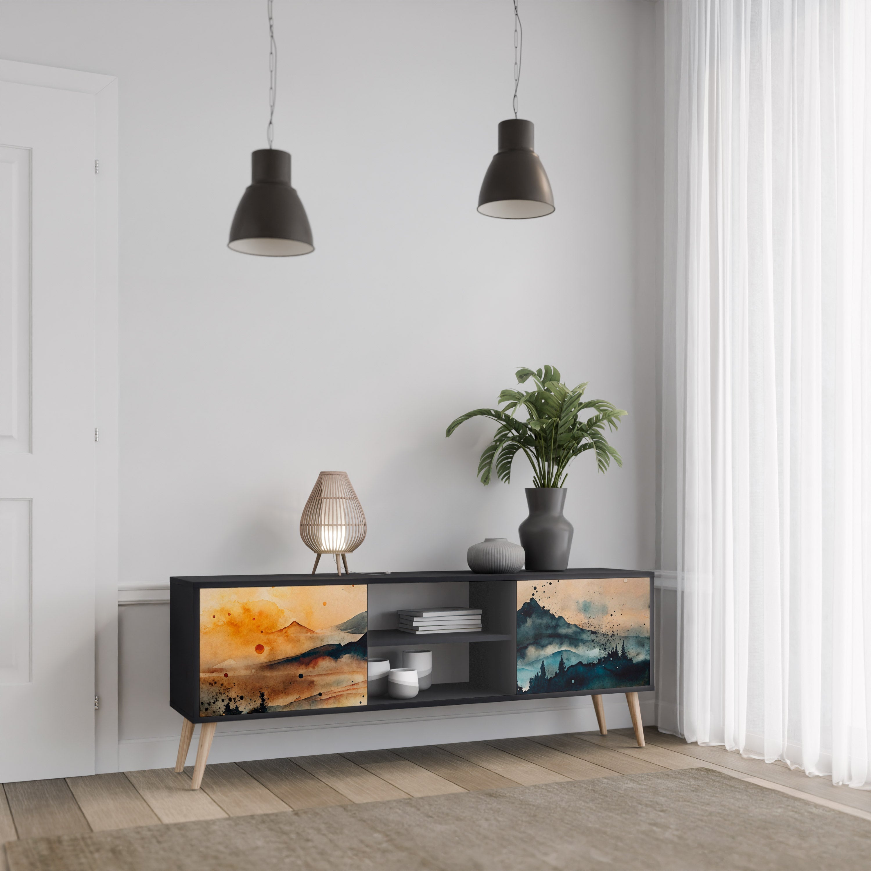 OMINOUS MOUNTAINS 2-Door TV Stand in Black Finish