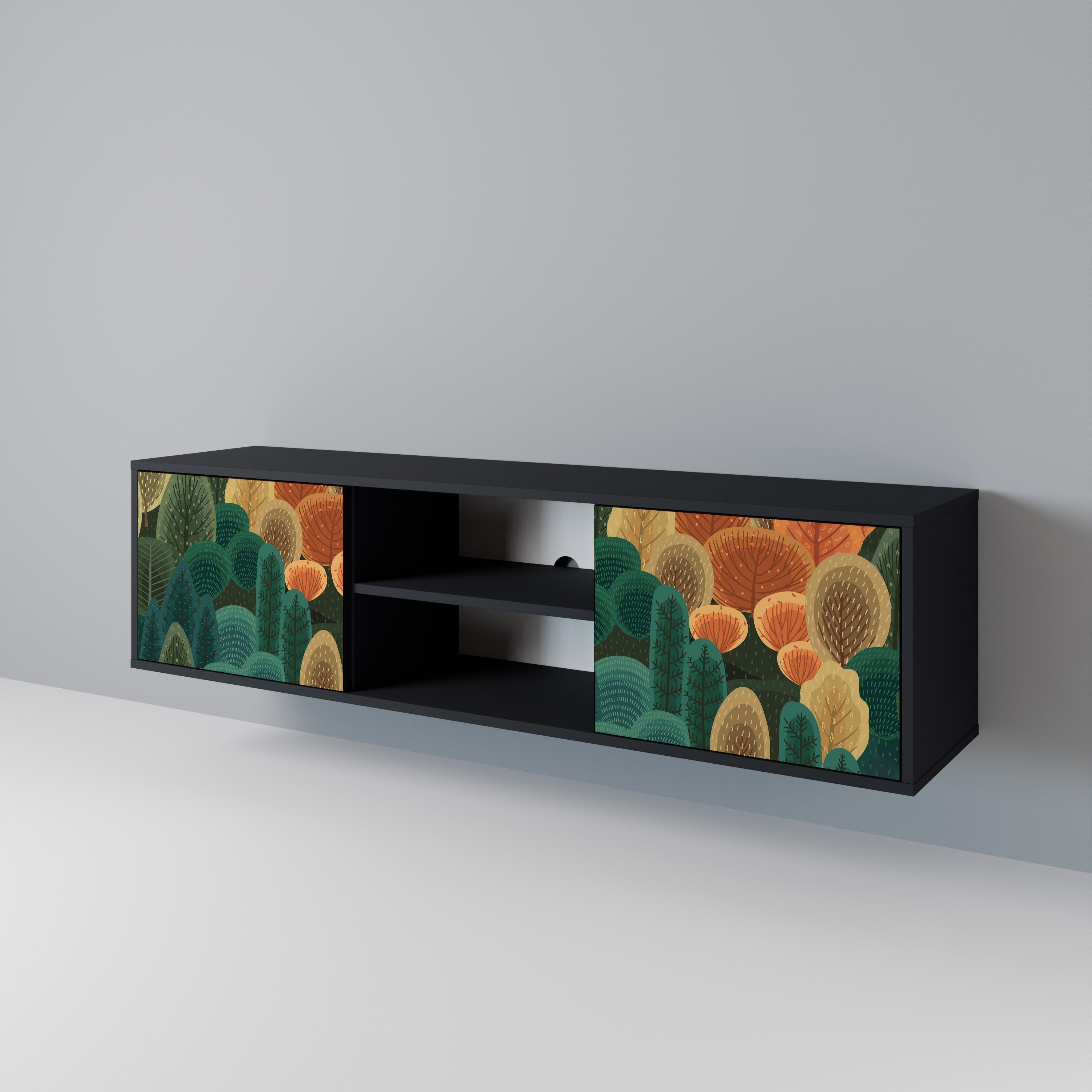 Meuble TV 2 portes KALEIDOSCOPE D'AUTOMNE, finition noire