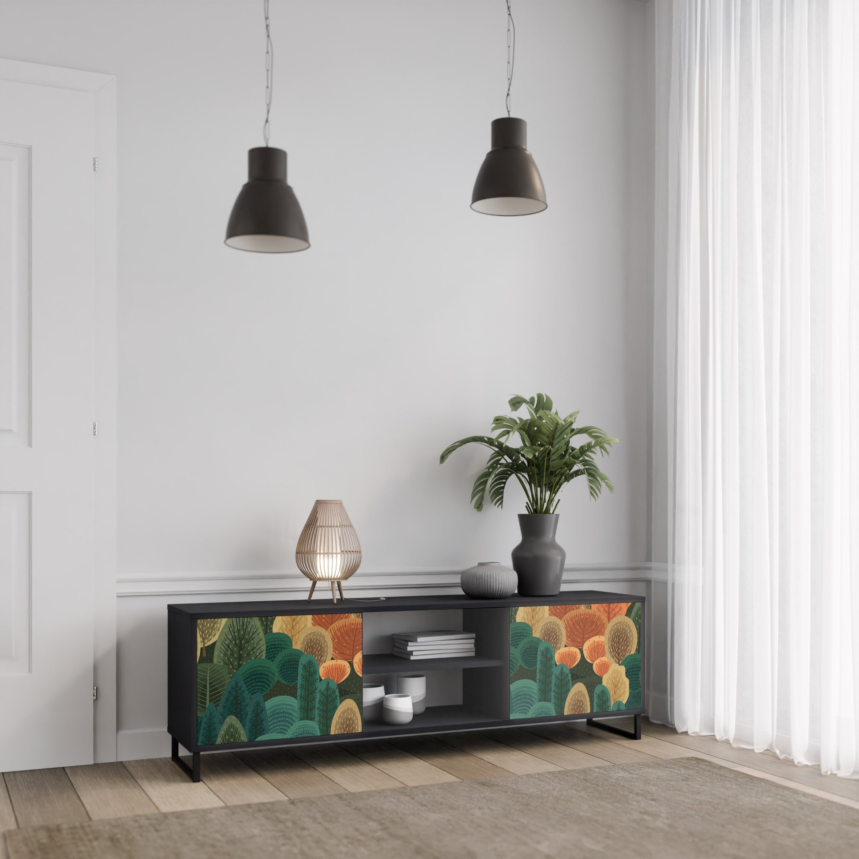 Meuble TV 2 portes KALEIDOSCOPE D'AUTOMNE, finition noire