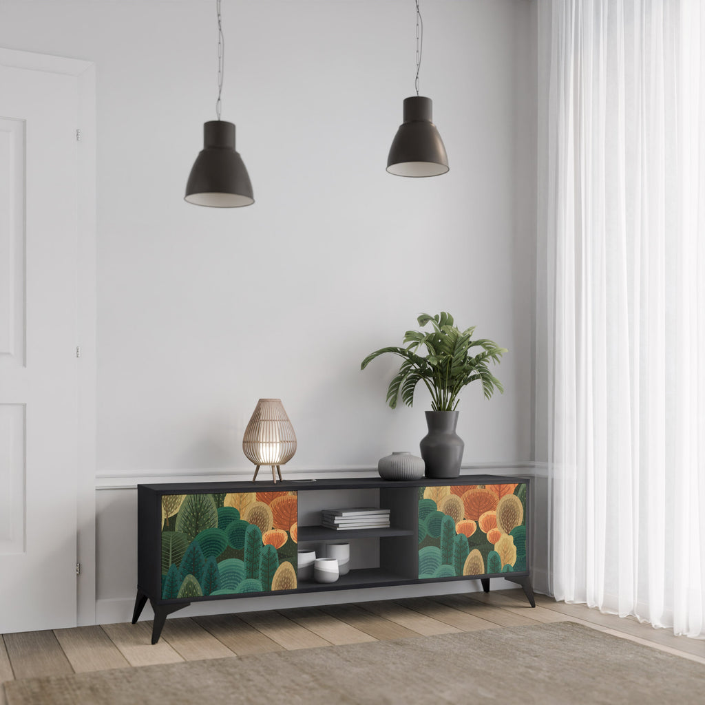 Meuble TV 2 portes KALEIDOSCOPE D'AUTOMNE, finition noire