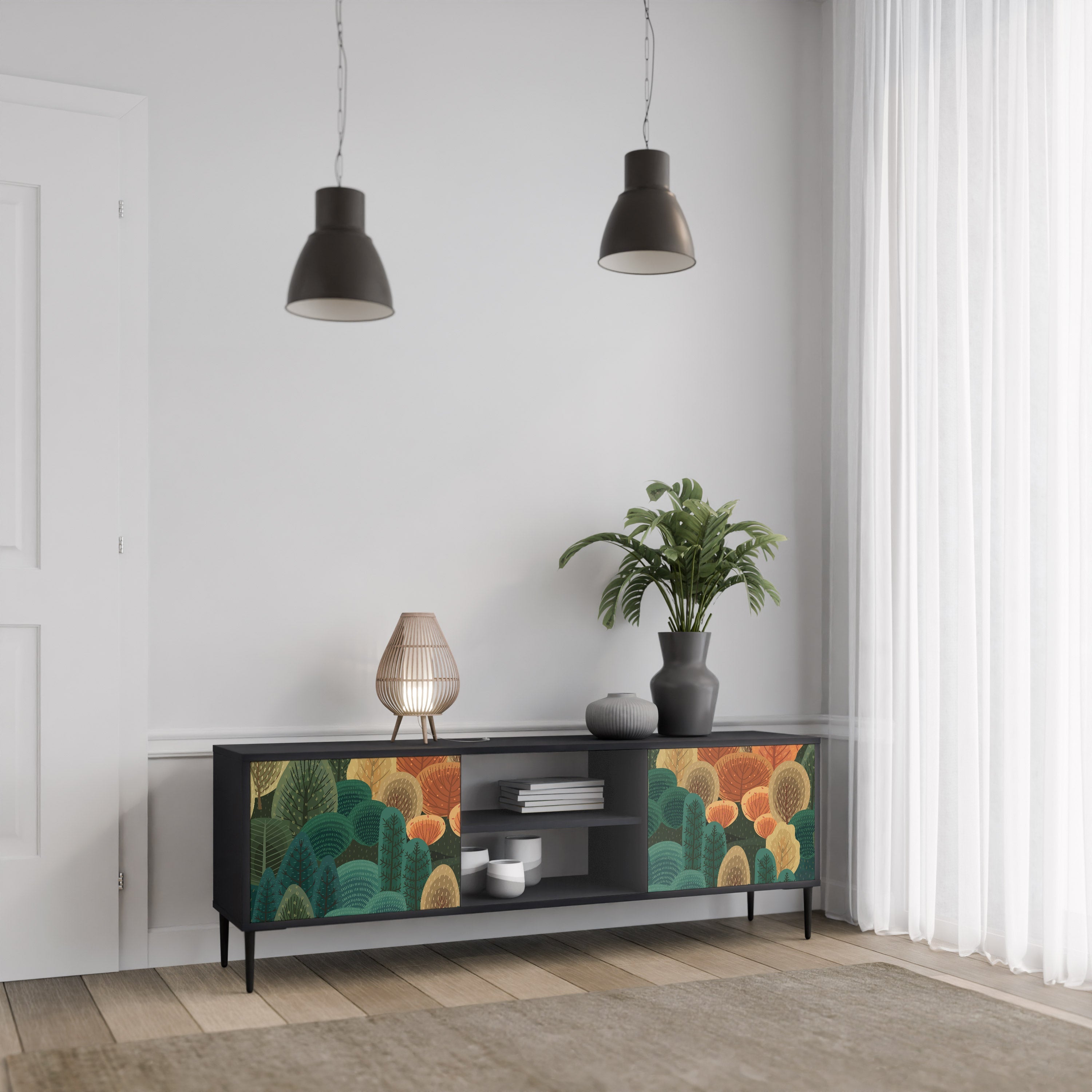 Meuble TV 2 portes KALEIDOSCOPE D'AUTOMNE, finition noire