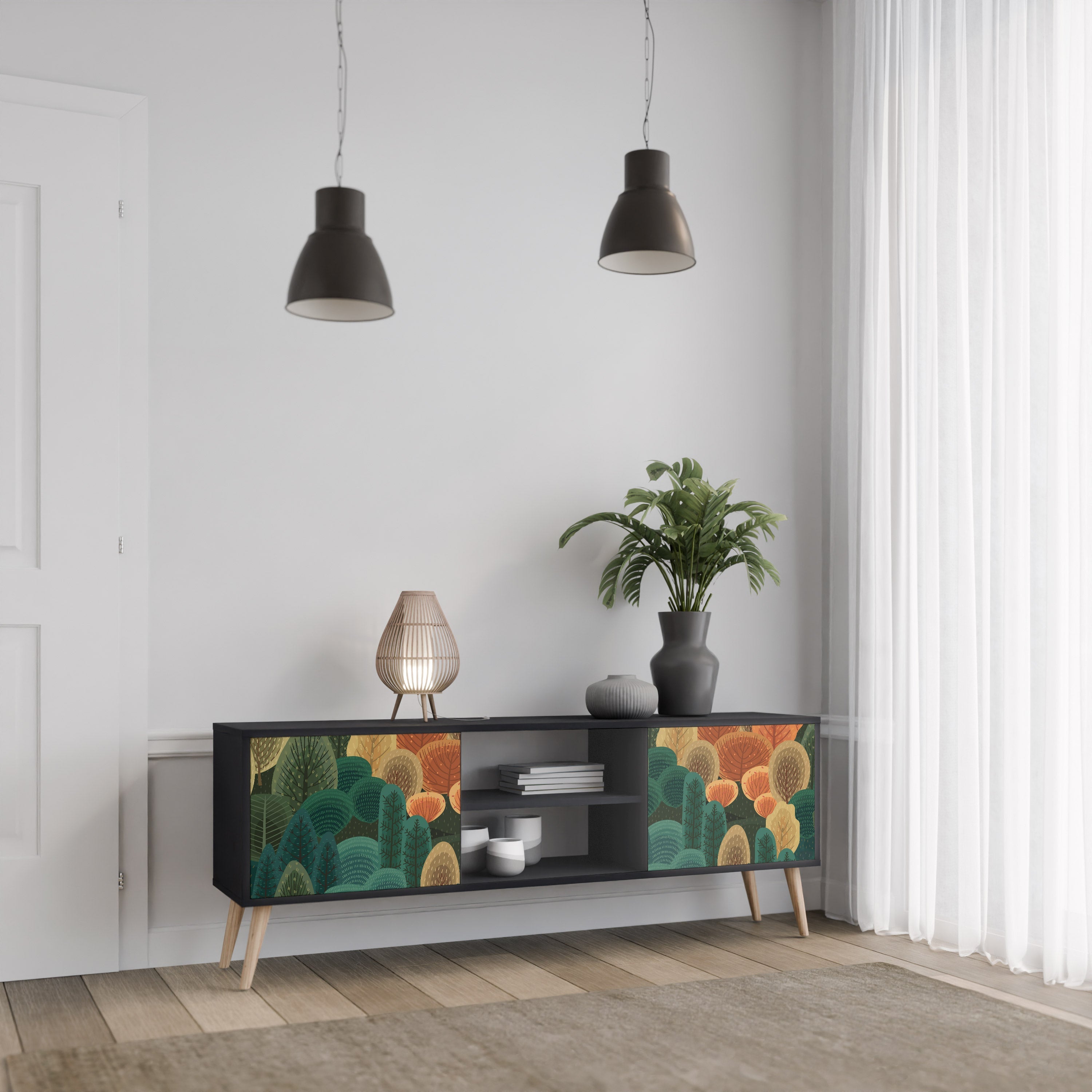 Meuble TV 2 portes KALEIDOSCOPE D'AUTOMNE, finition noire