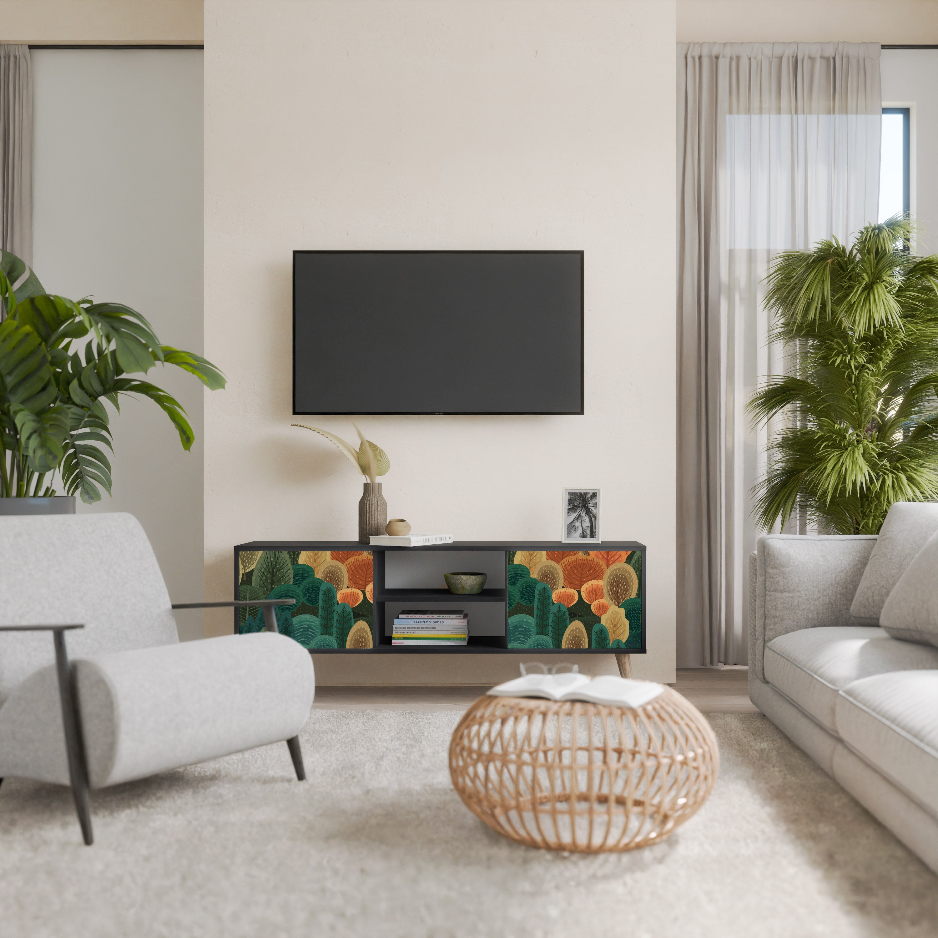 Meuble TV 2 portes KALEIDOSCOPE D'AUTOMNE, finition noire