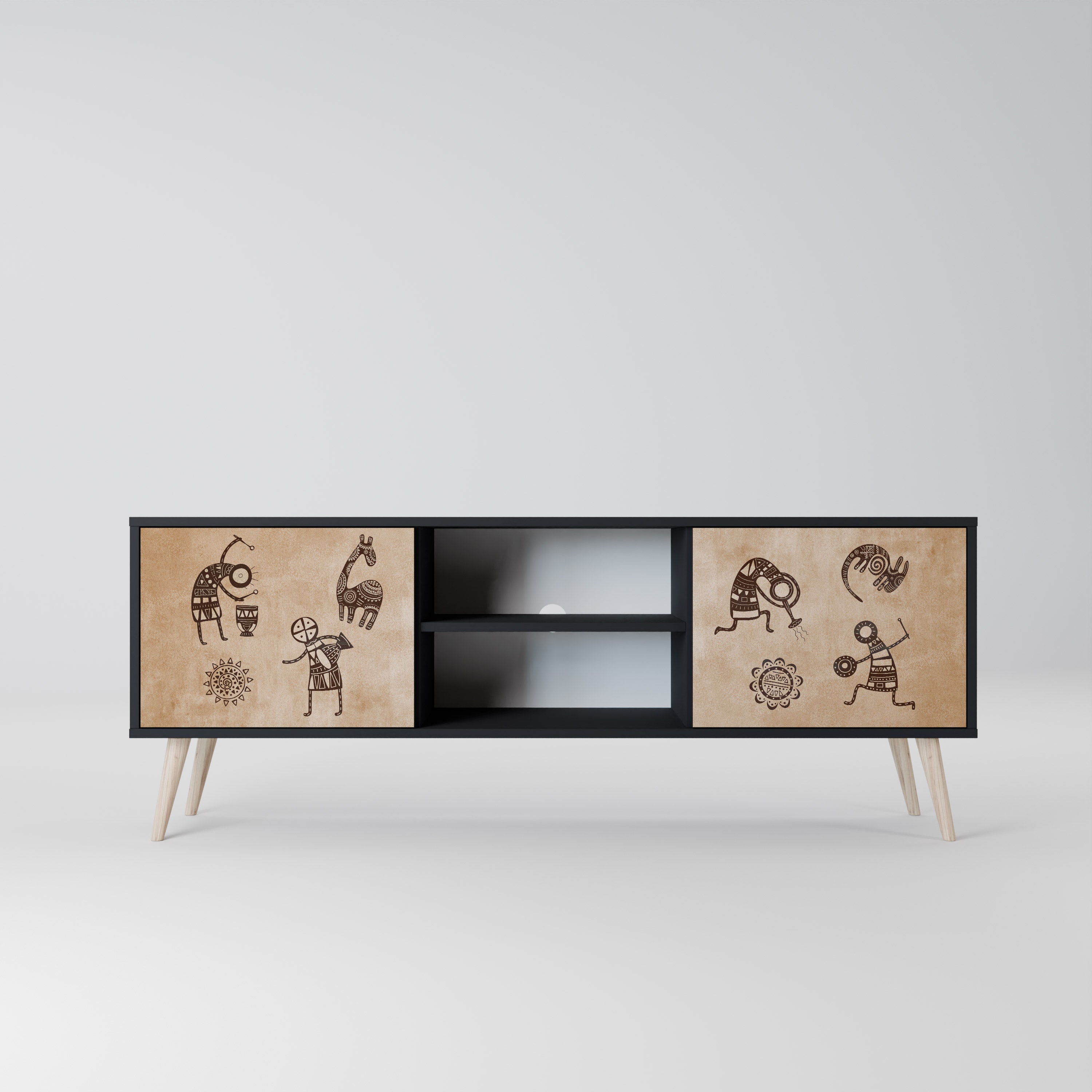 Meuble TV 2 portes de style africain, finition noire