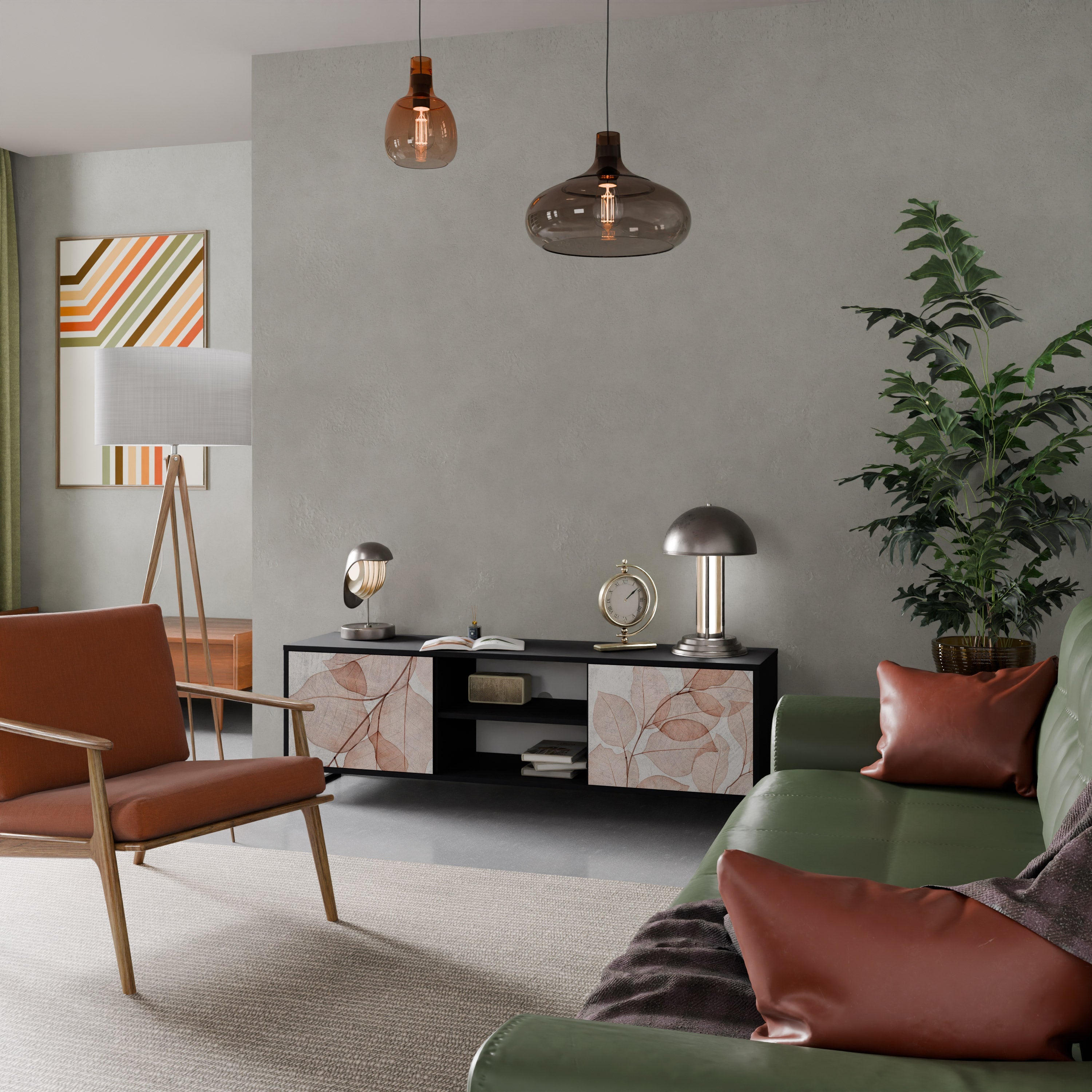 Meuble TV 2 portes AUTUMN FRAGILITY, finition noire