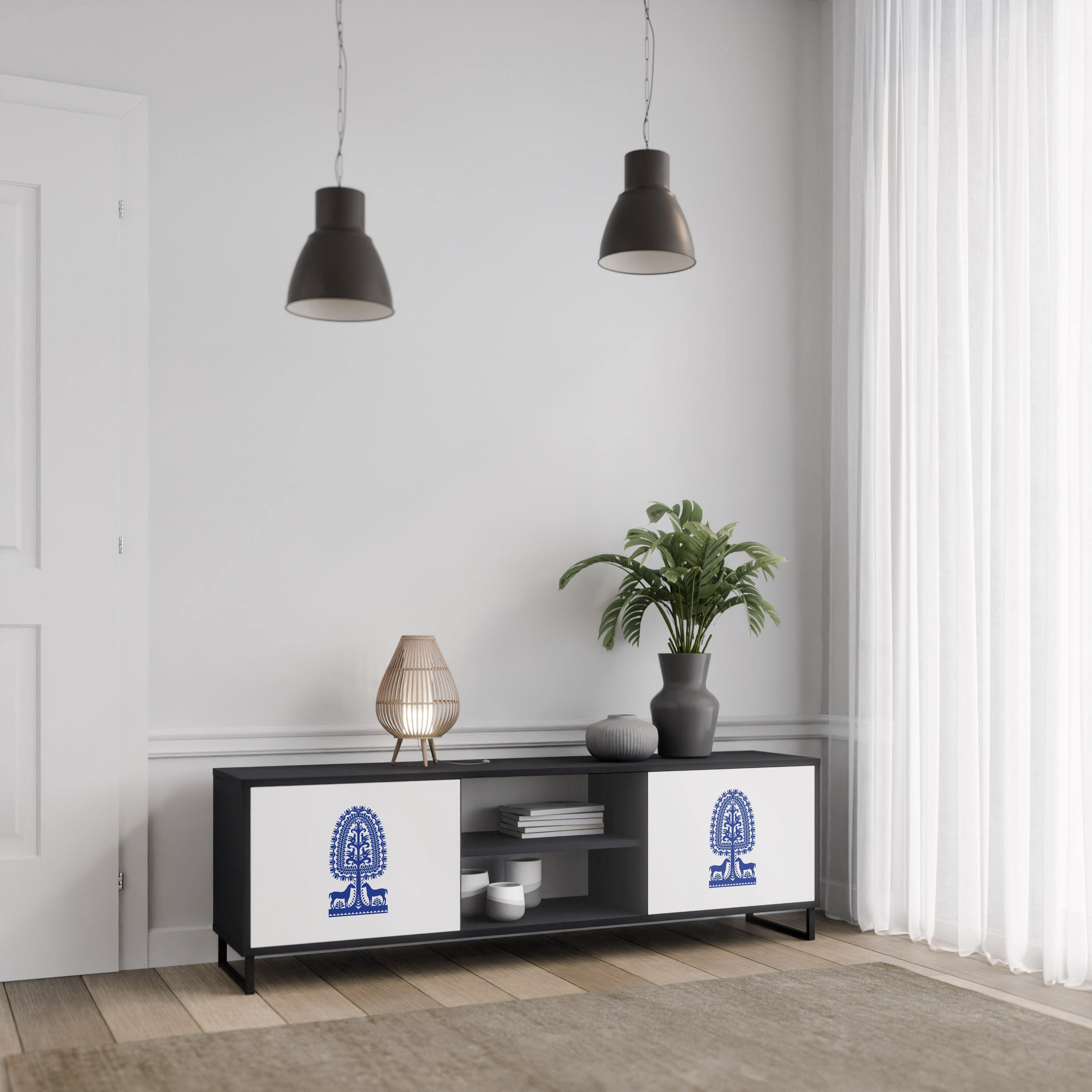 POLISH FOLK ART 2-Door TV Stand in Black Finish