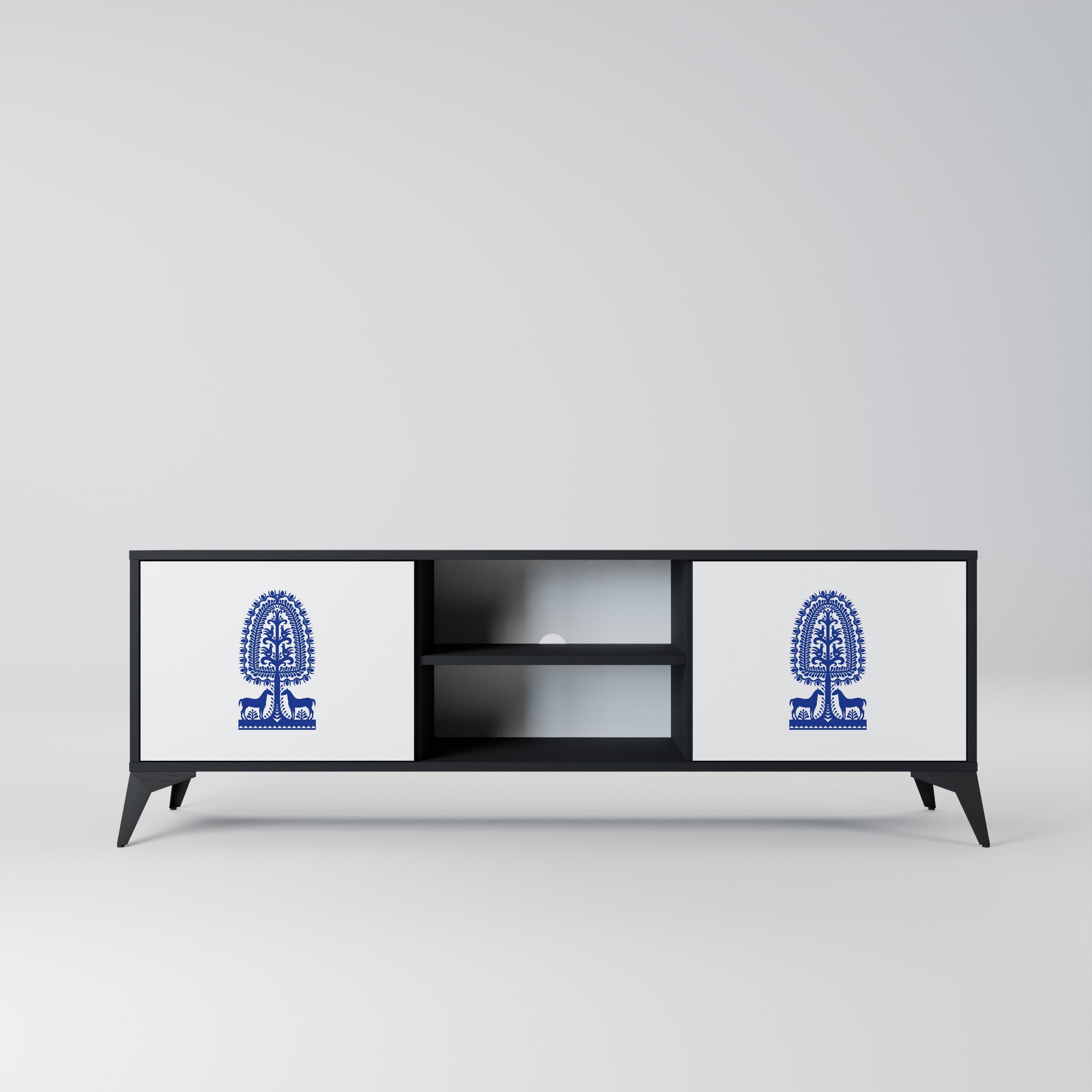 POLISH FOLK ART 2-Door TV Stand in Black Finish