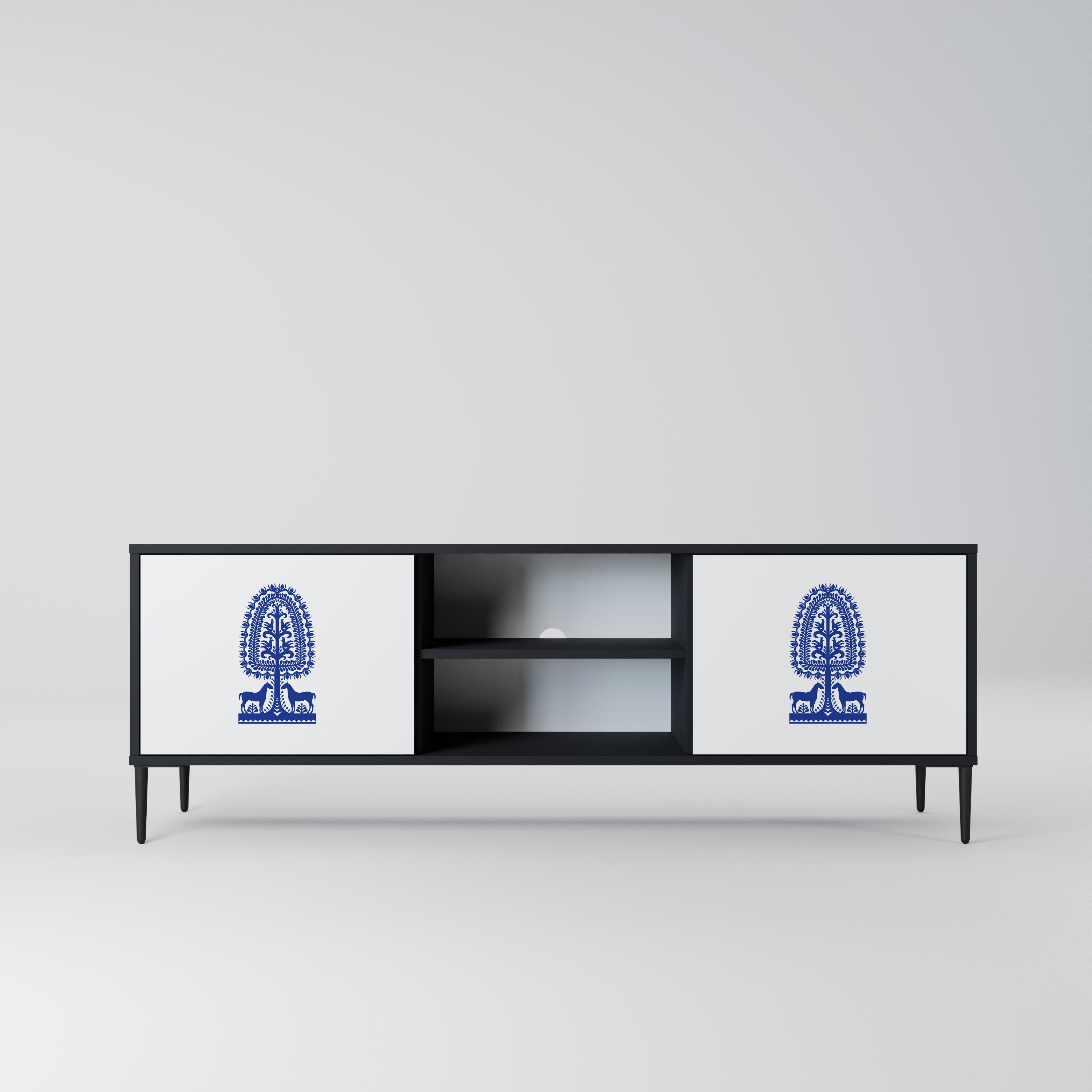 POLISH FOLK ART 2-Door TV Stand in Black Finish