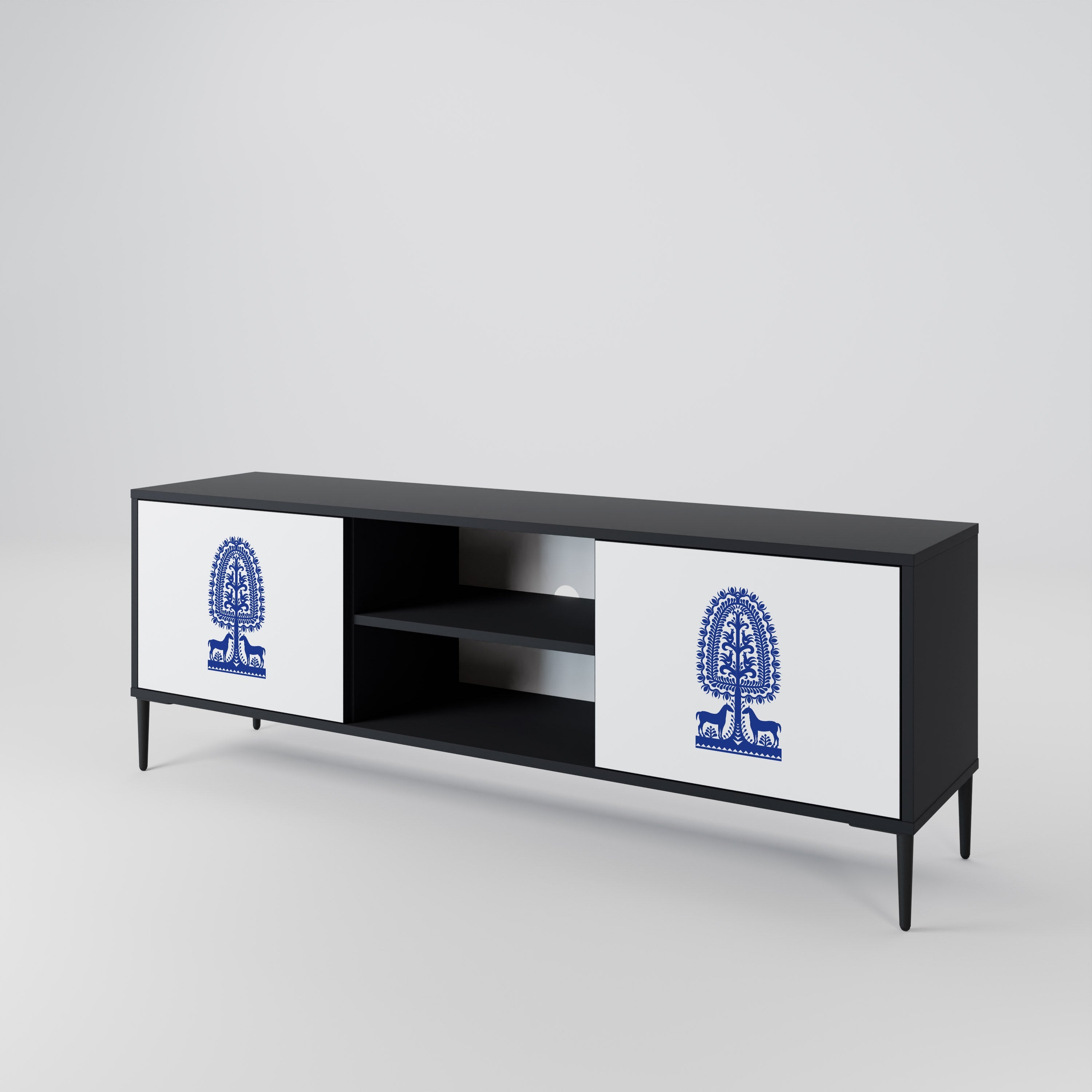 POLISH FOLK ART 2-Door TV Stand in Black Finish