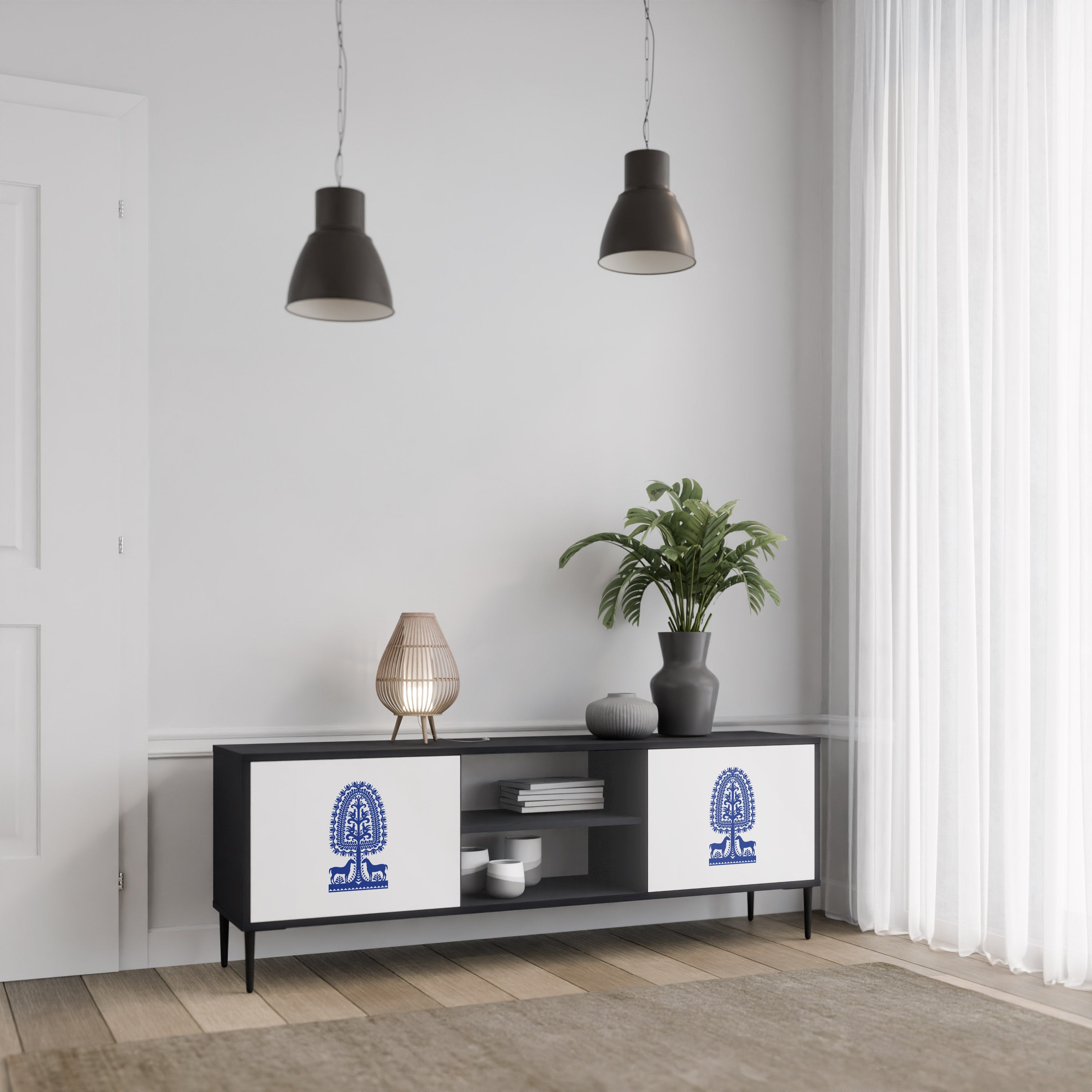 POLISH FOLK ART 2-Door TV Stand in Black Finish