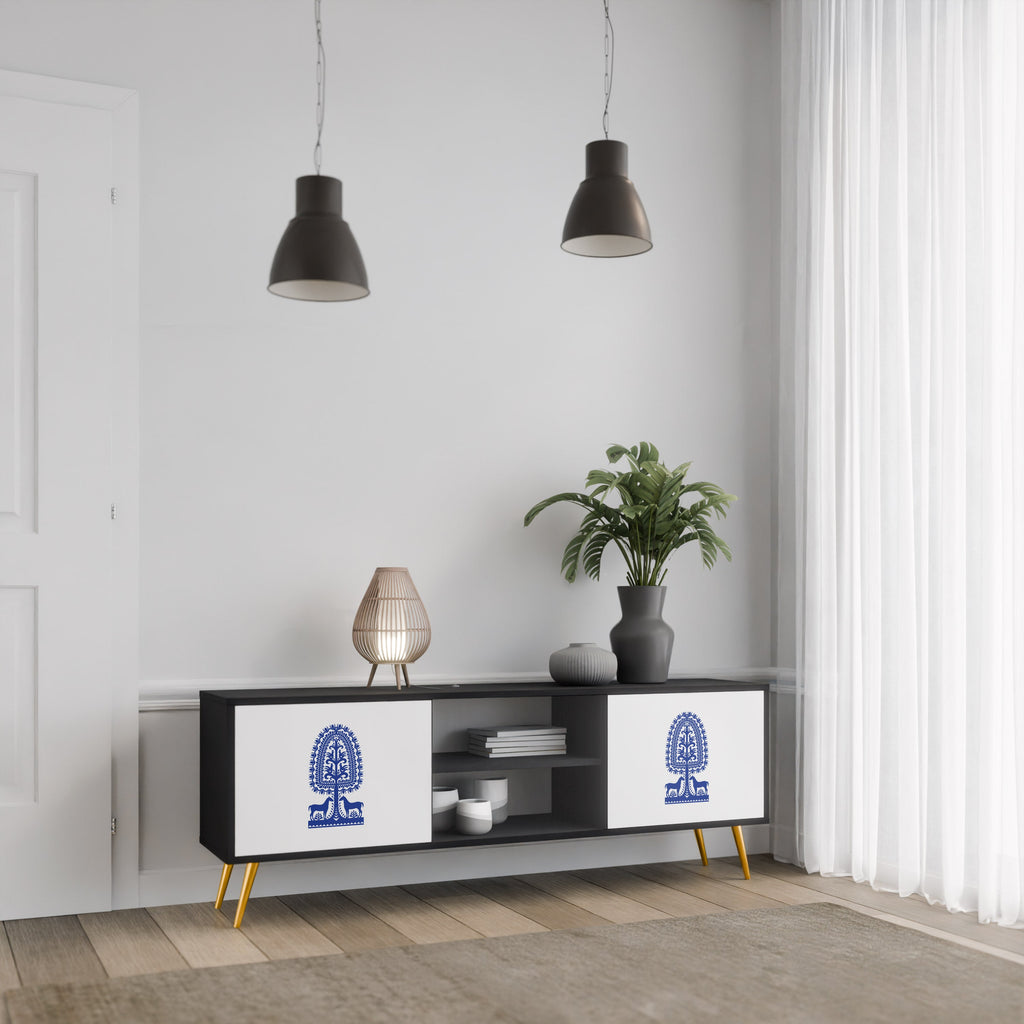 POLISH FOLK ART 2-Door TV Stand in Black Finish