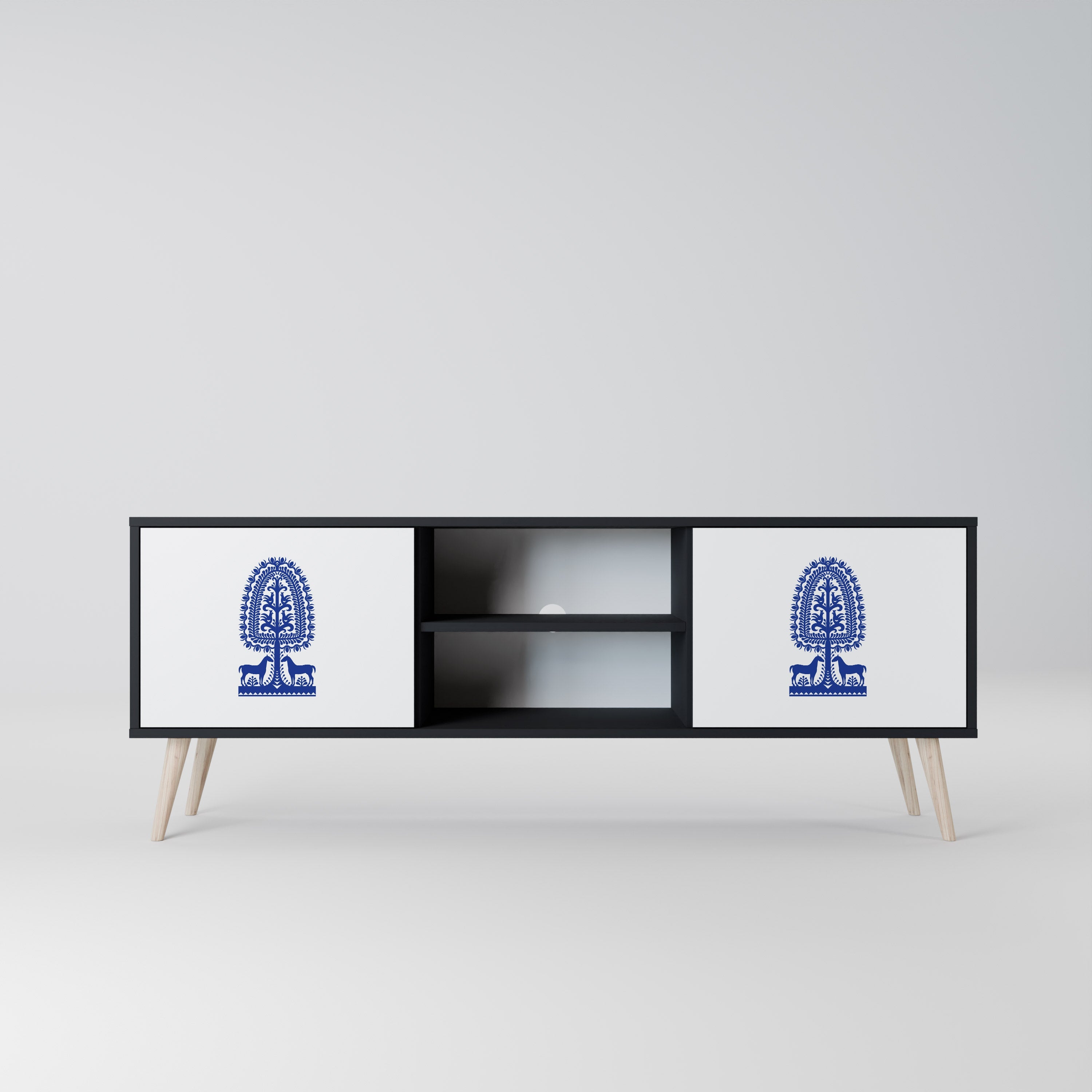 POLISH FOLK ART 2-Door TV Stand in Black Finish