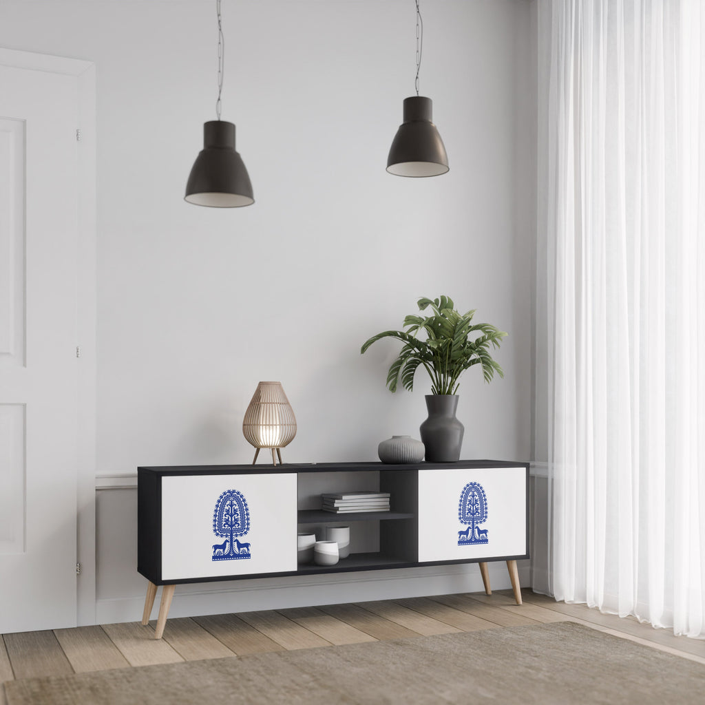 POLISH FOLK ART 2-Door TV Stand in Black Finish