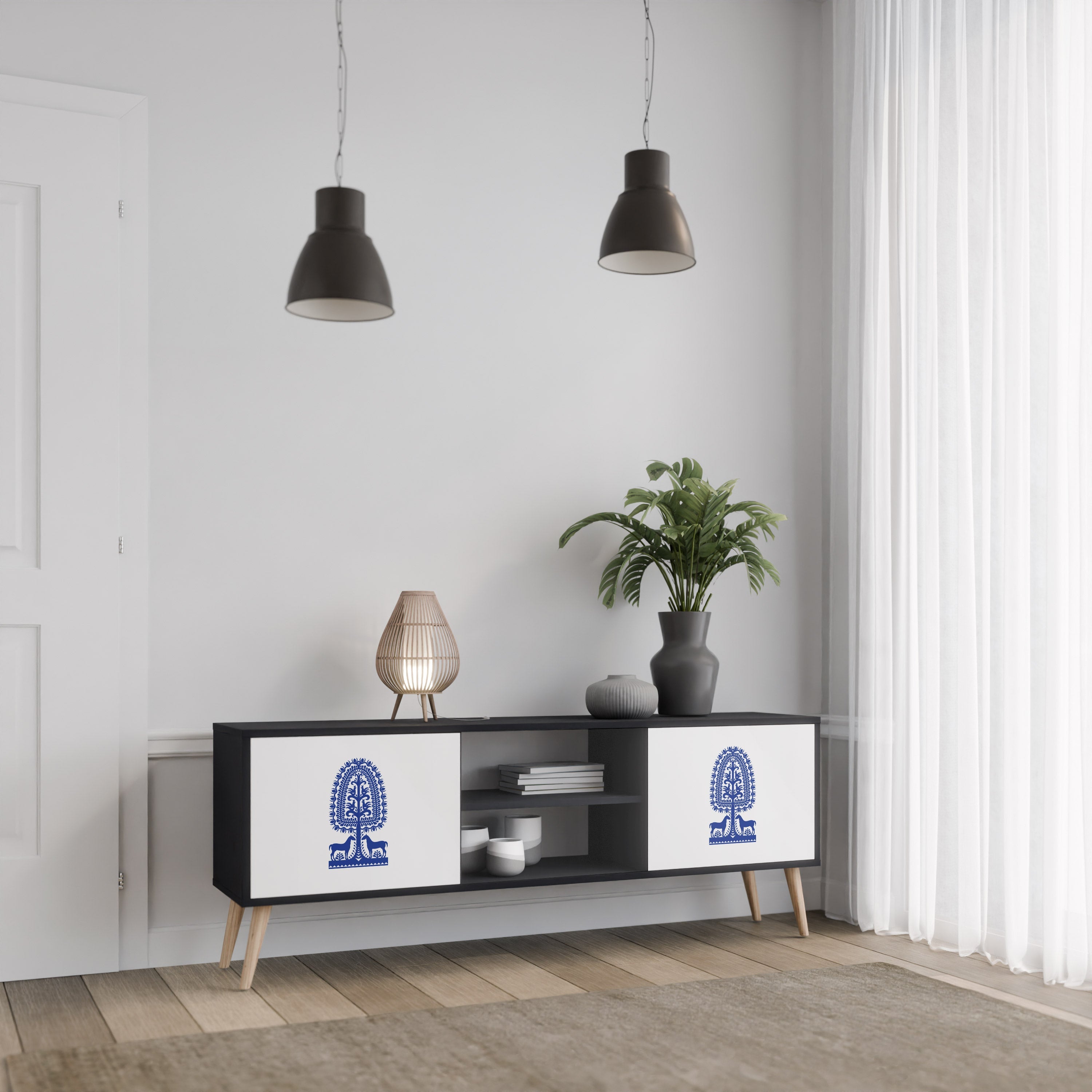 POLISH FOLK ART 2-Door TV Stand in Black Finish