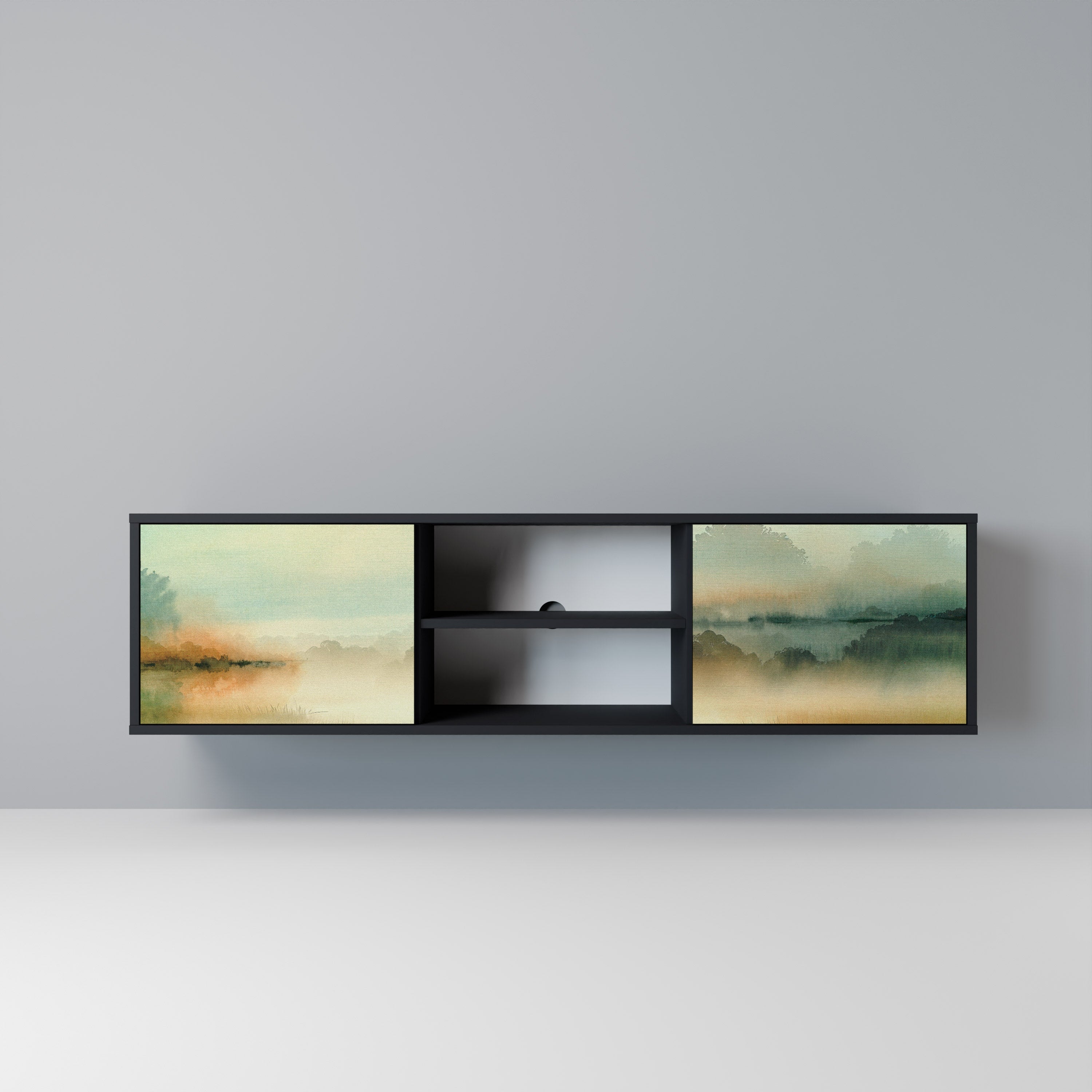 MORNING BY THE LAKE 2-Door TV Stand in Black Finish