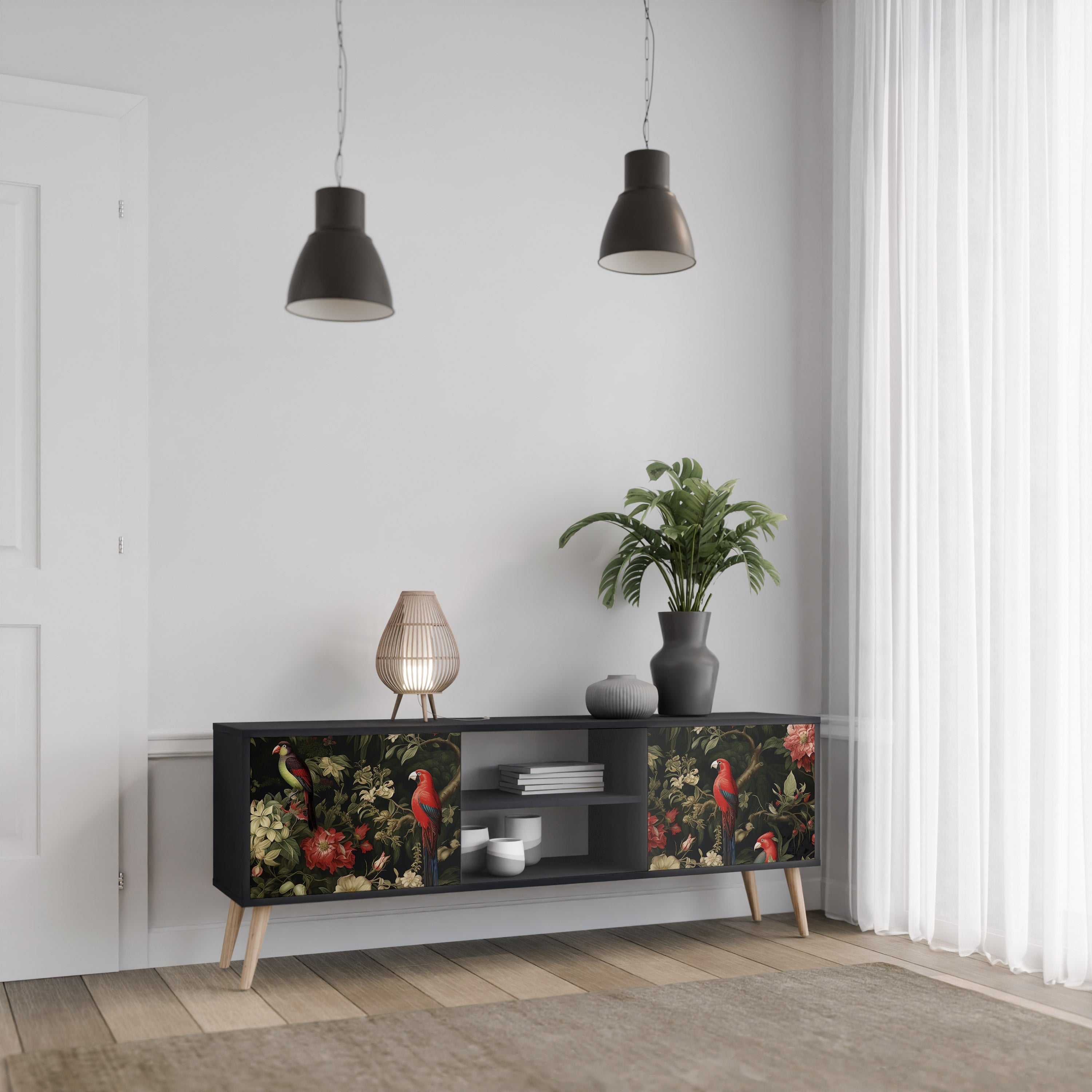 Meuble TV 2 portes AVIAN GREENERY finition noire