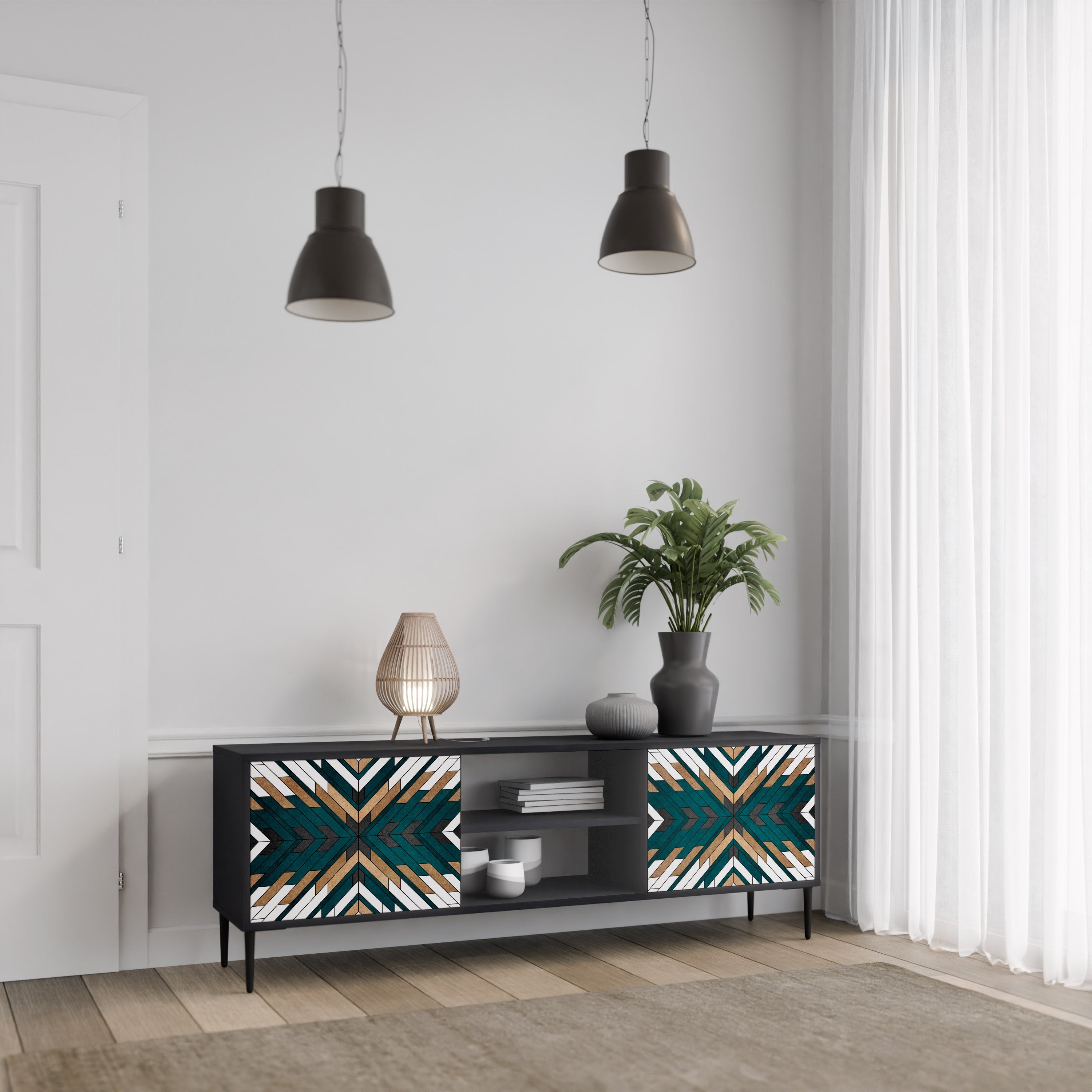 Meuble TV 2 portes ARTISTIC GEOMETRY en finition noire