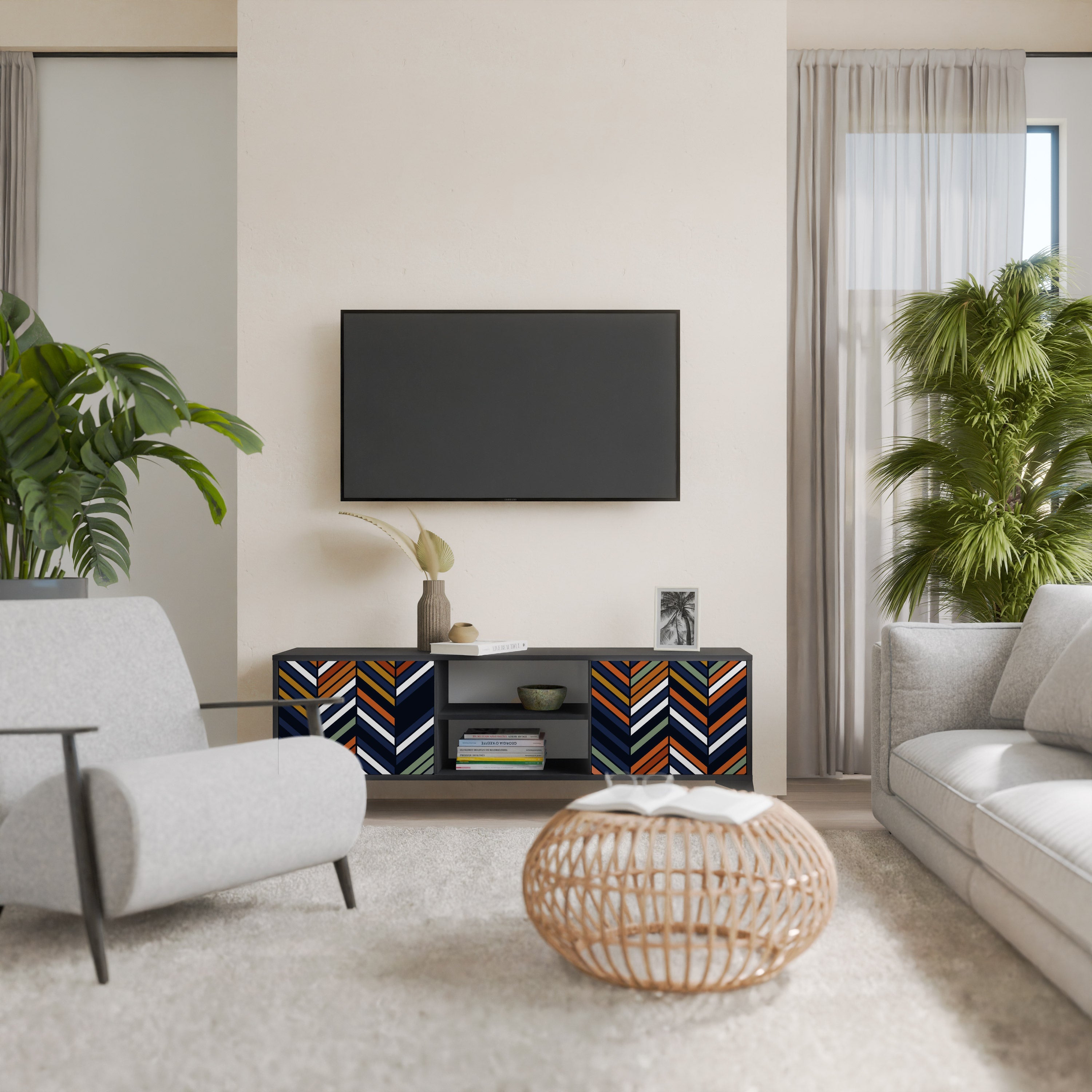 VIBRANT PATCHWORK 2-Door TV Stand in Black Finish