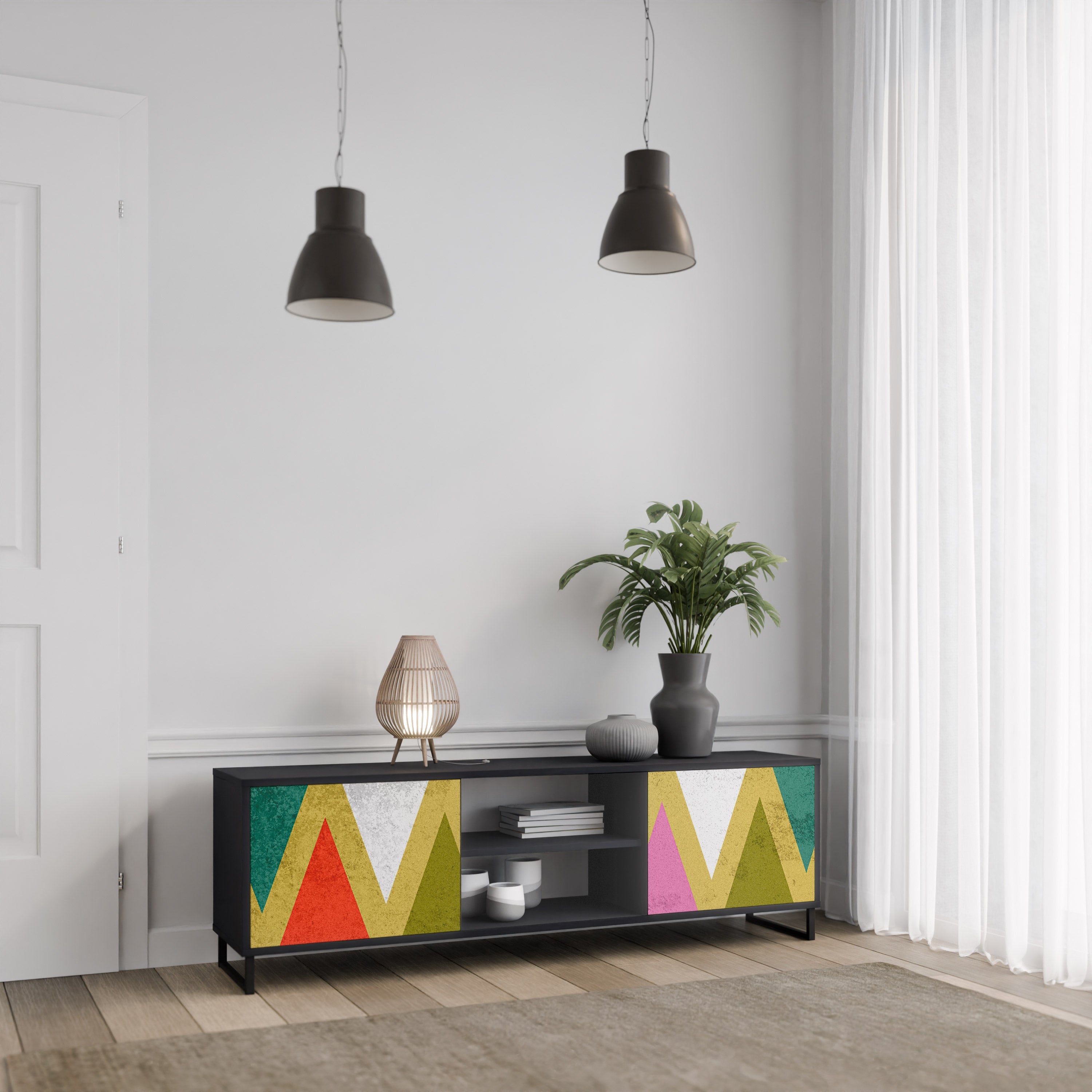 COLORFUL TRIANGLES 2-Door TV Stand in Black Finish