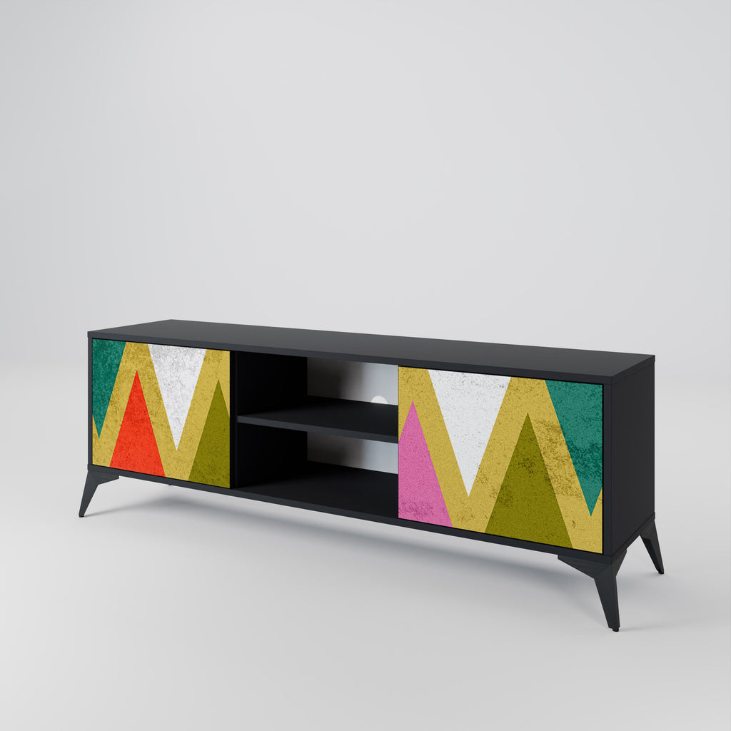 Meuble TV 2 portes TRIANGLES COLORÉS en finition noire