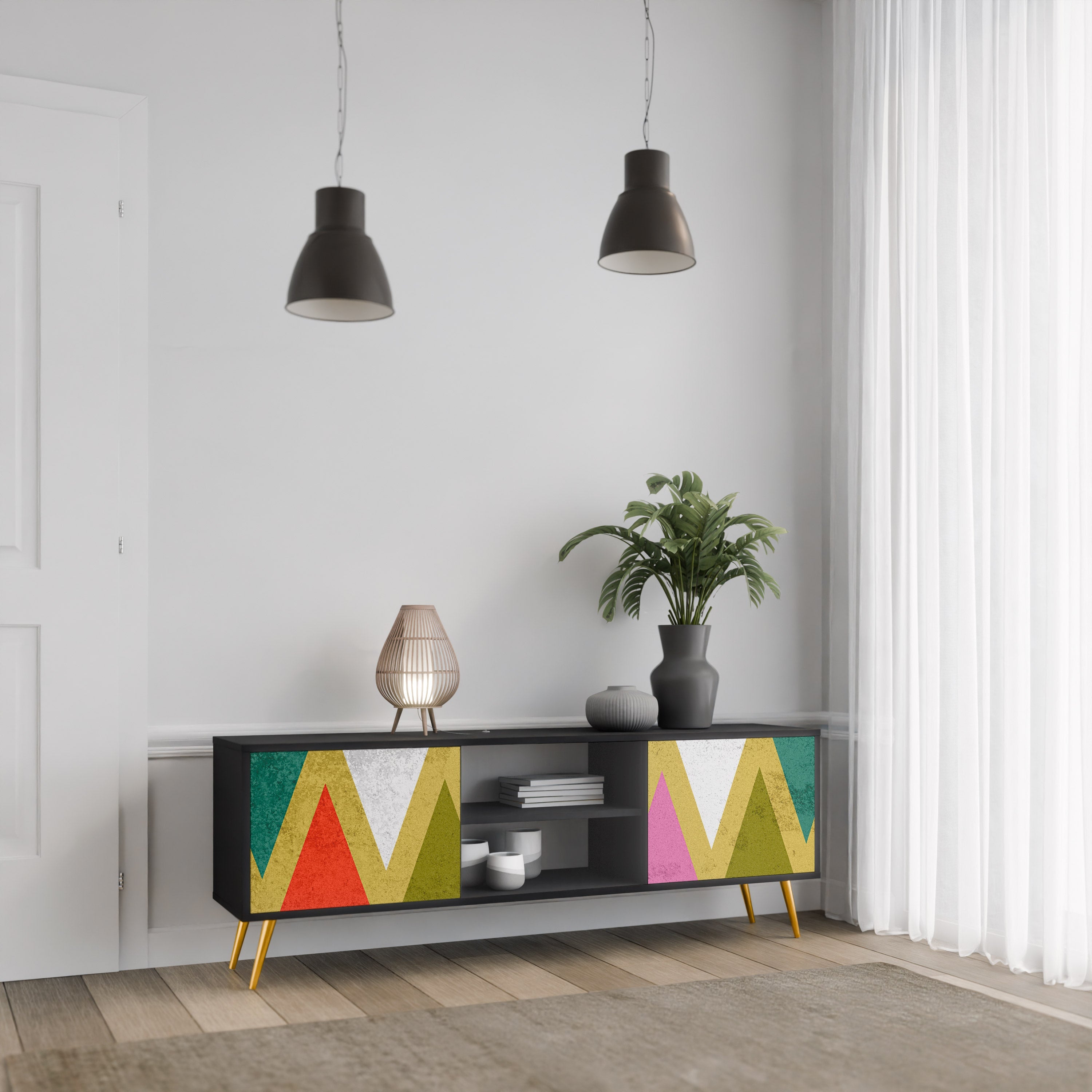 COLORFUL TRIANGLES 2-Door TV Stand in Black Finish