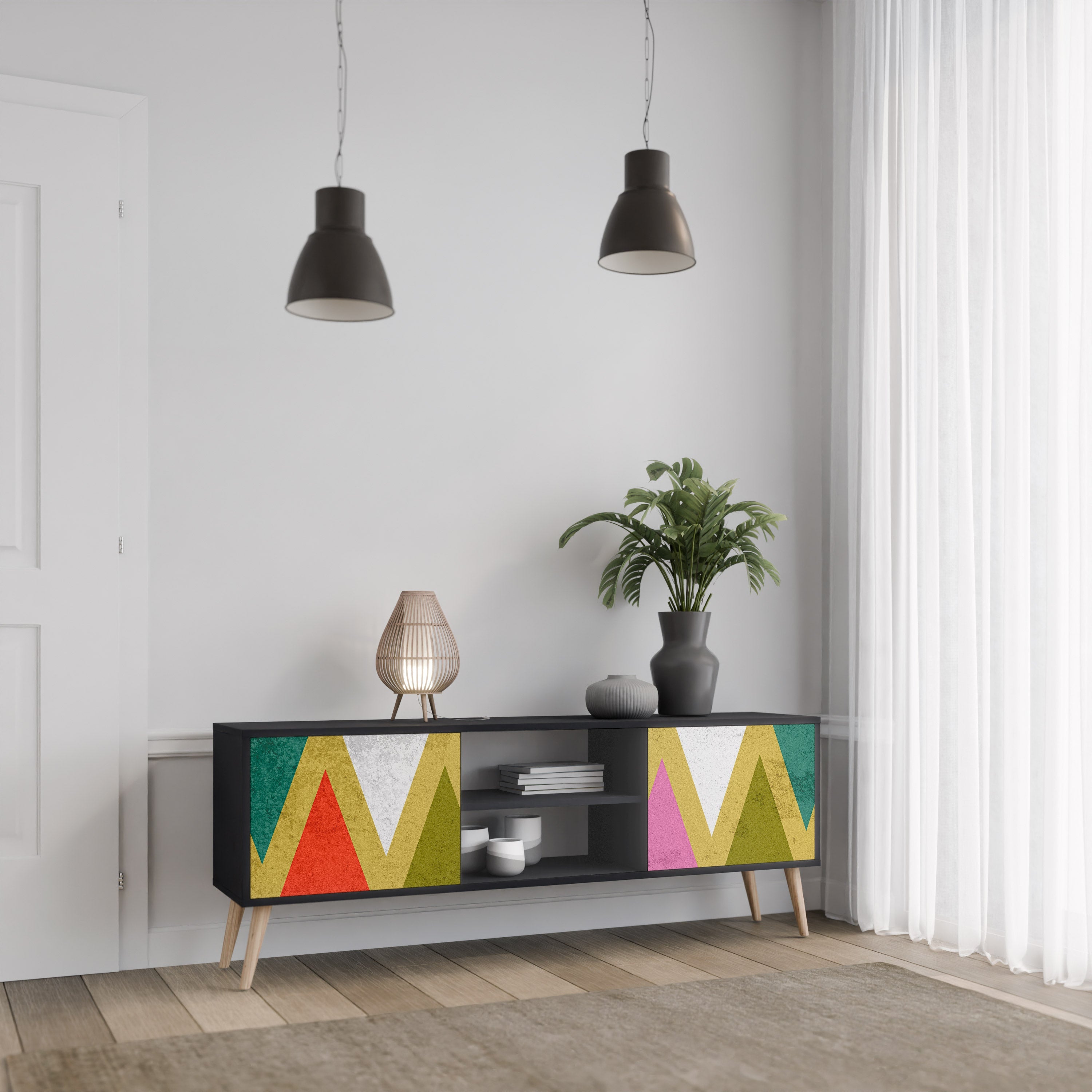 COLORFUL TRIANGLES 2-Door TV Stand in Black Finish