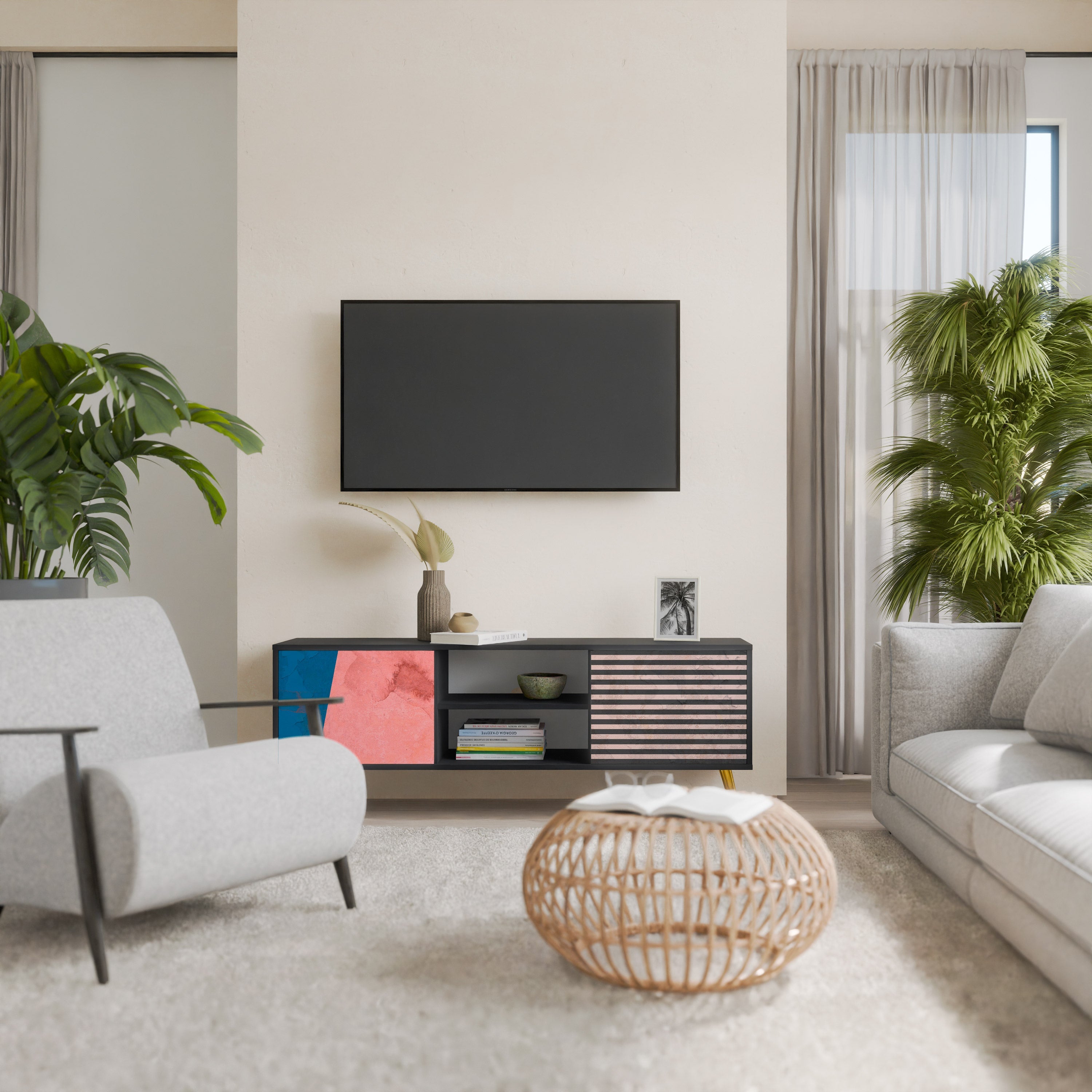 GLAMOROUS STRIPE 2-Door TV Stand in Black Finish