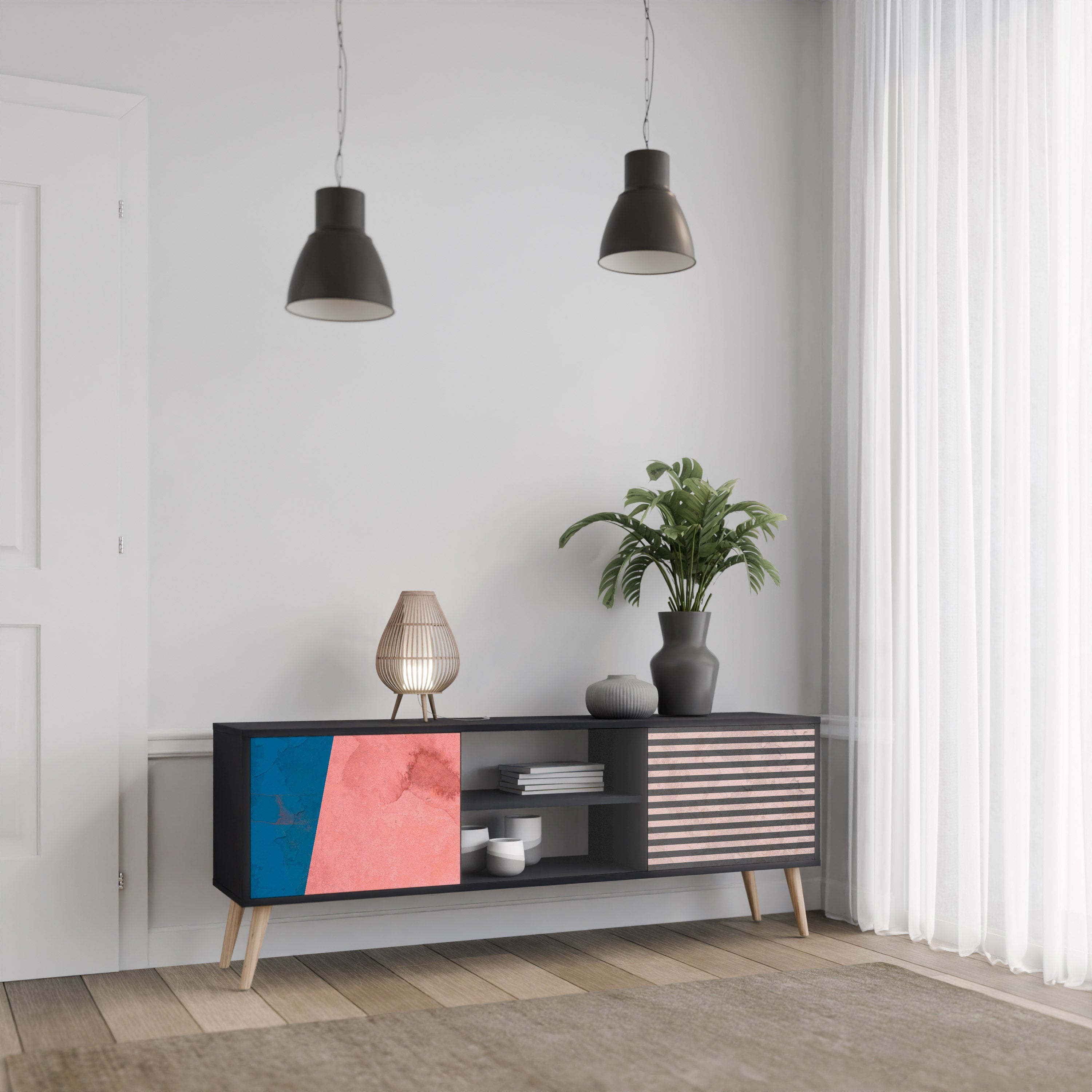 GLAMOROUS STRIPE 2-Door TV Stand in Black Finish