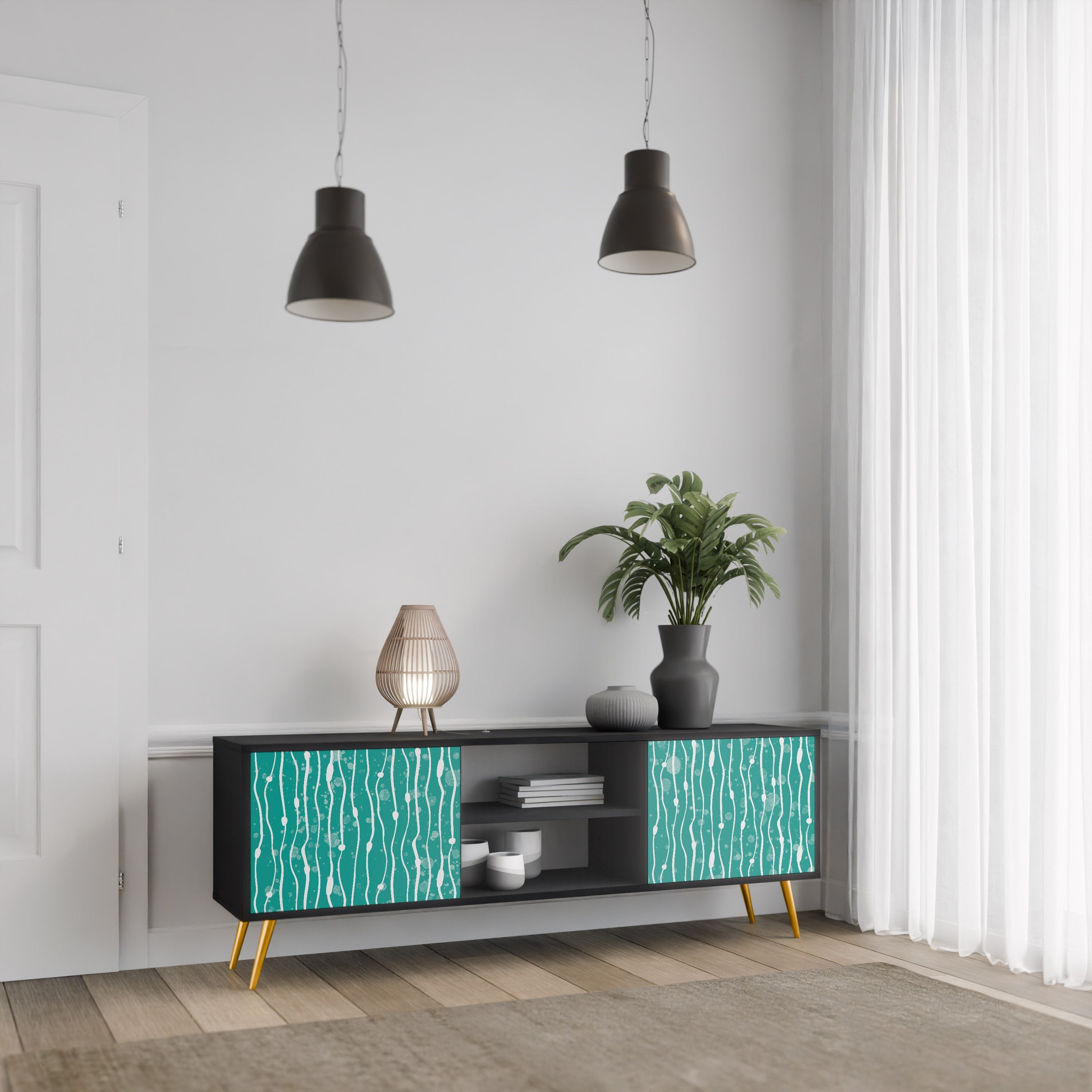 TURQUOISE RAIN 2-Door TV Stand in Black Finish