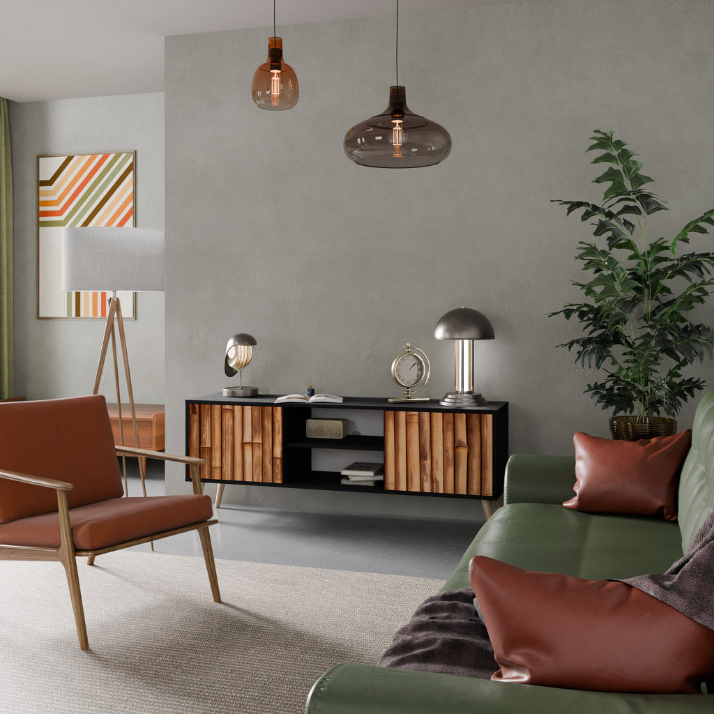 NATURAL WOOD 2-Door TV Stand in Black Finish