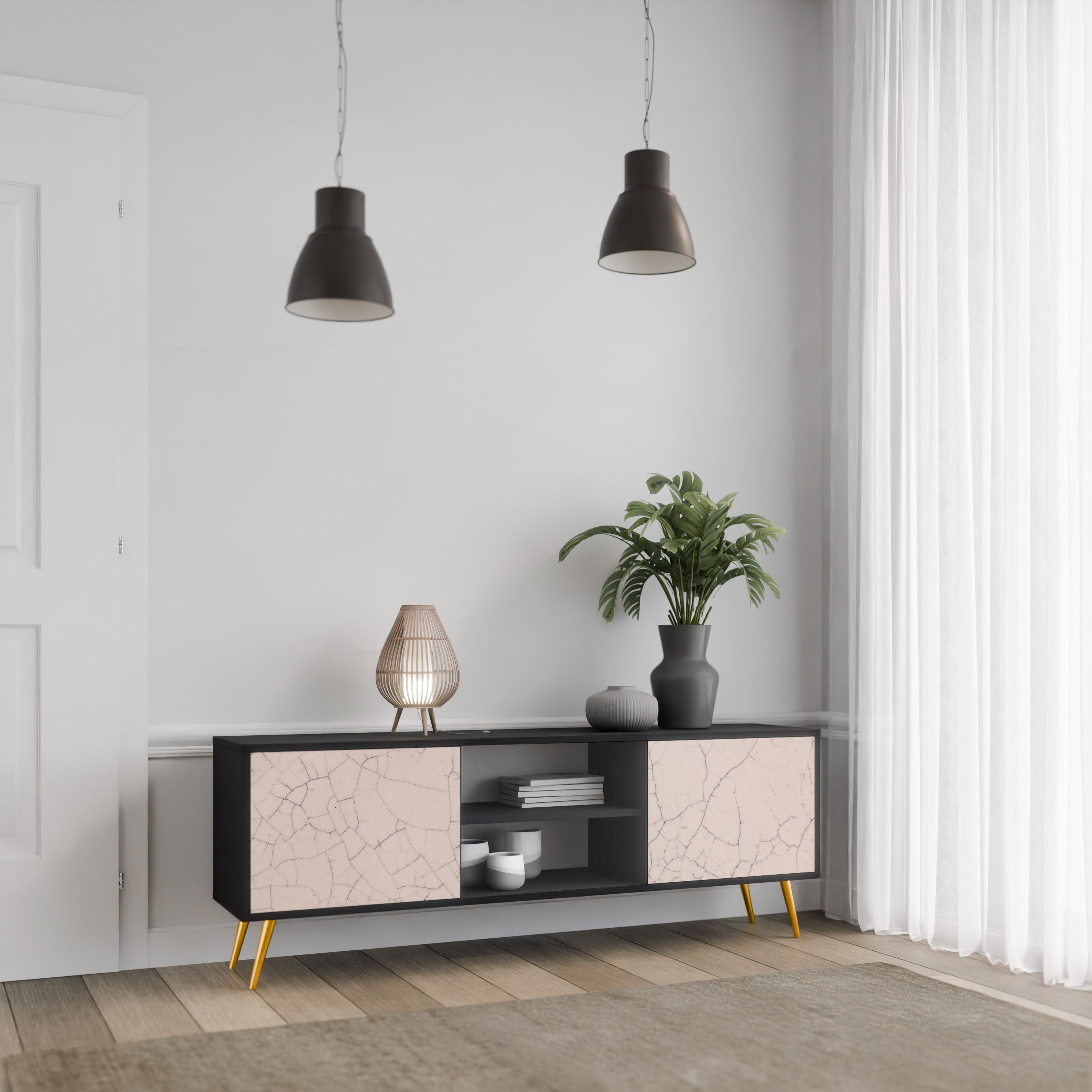 CERAMIC TEXTURE 2-Door TV Stand in Black Finish