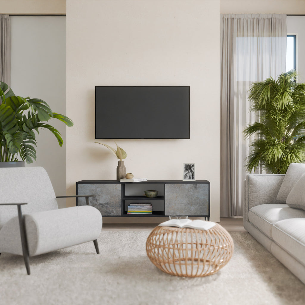 CONCRETE WALL 2-Door TV Stand in Black Finish