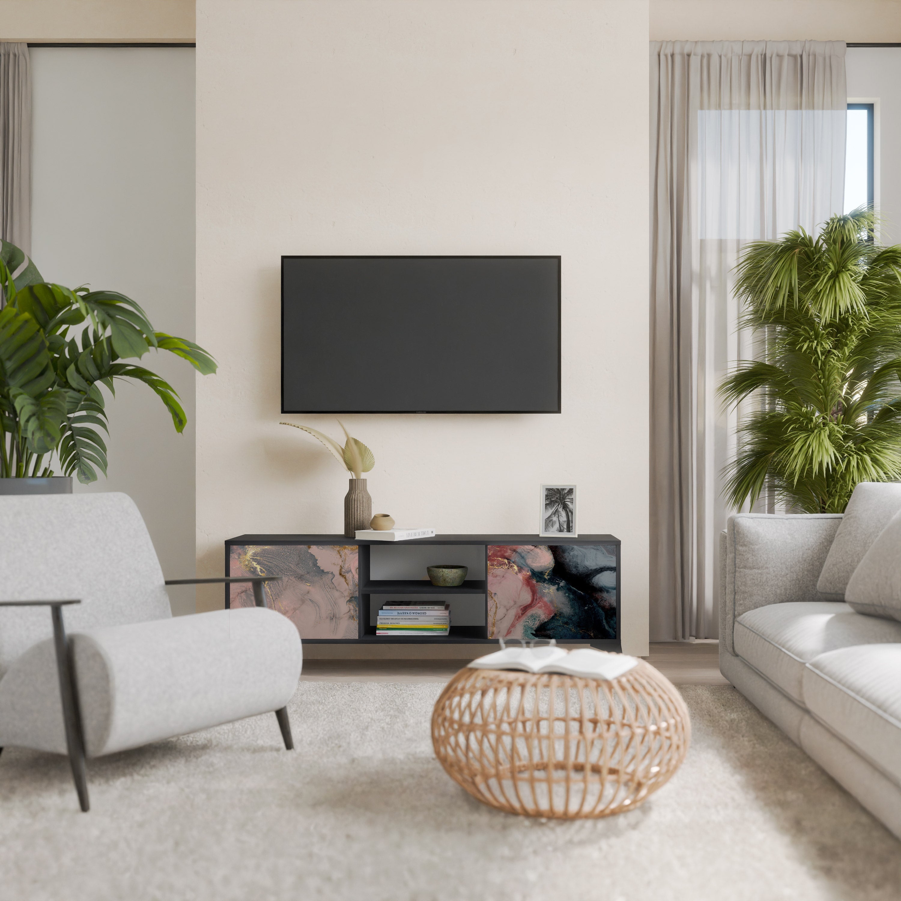 GILDED SWIRLS 2-Door TV Stand in Black Finish