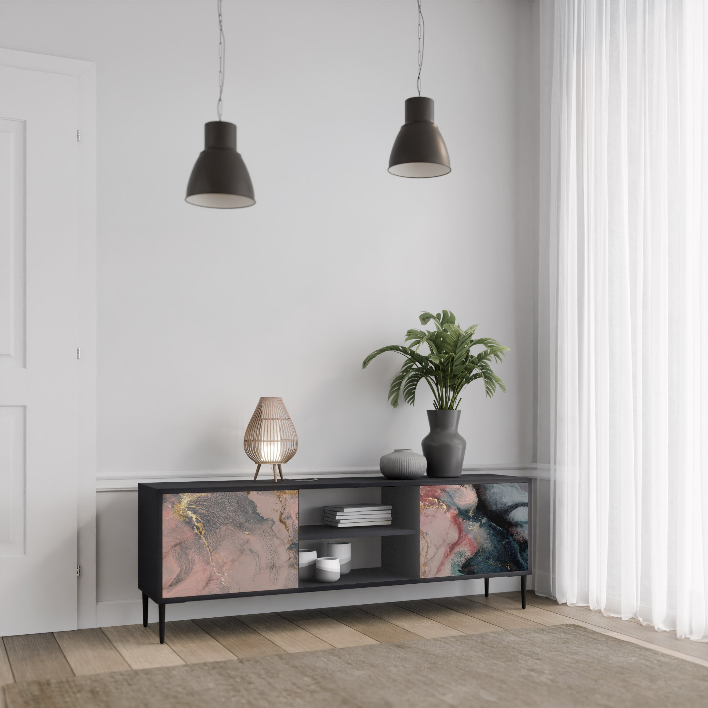 GILDED SWIRLS 2-Door TV Stand in Black Finish