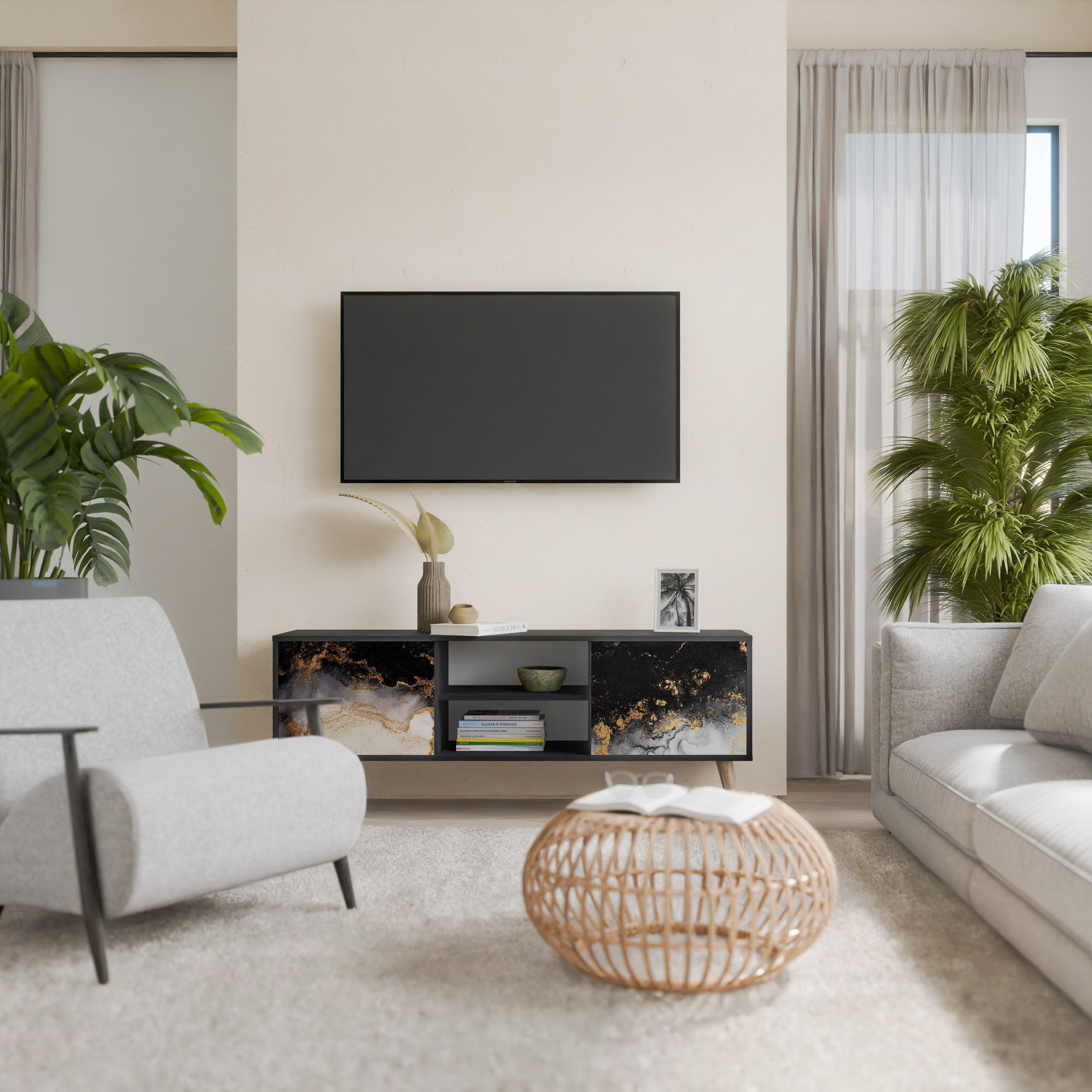 MARBLE OF TOMMORROW 2-Door TV Stand in Black Finish