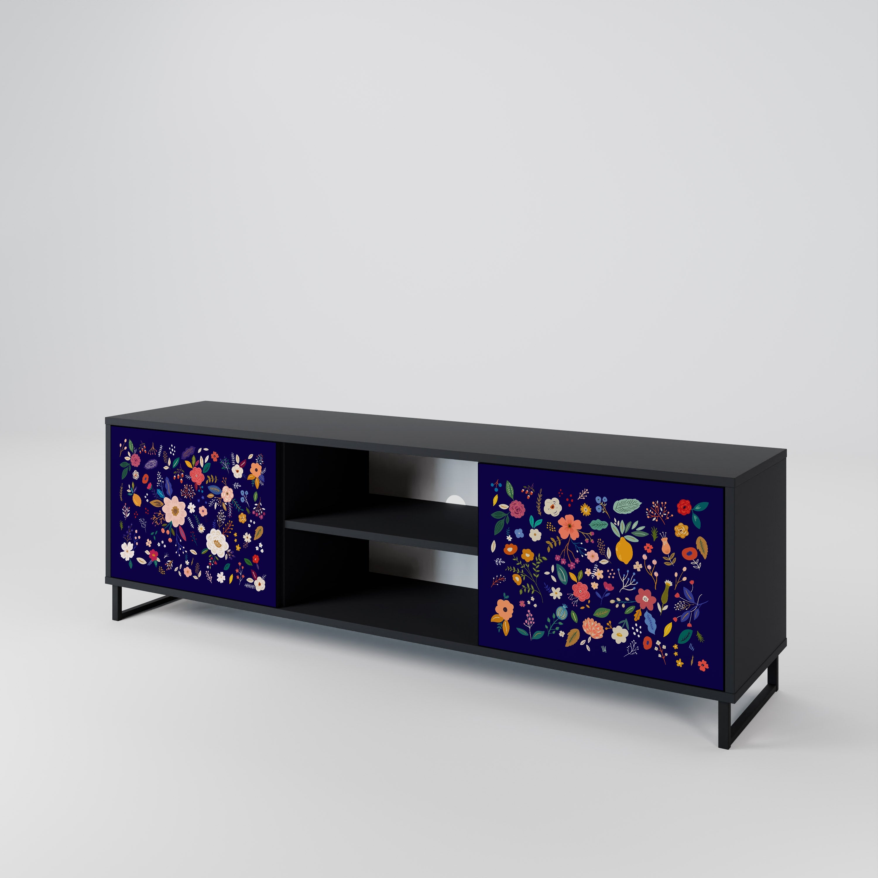 FLORAL COMBINATION 2-Door TV Stand in Black Finish
