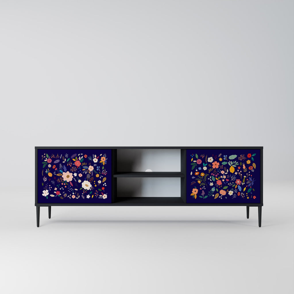 FLORAL COMBINATION 2-Door TV Stand in Black Finish